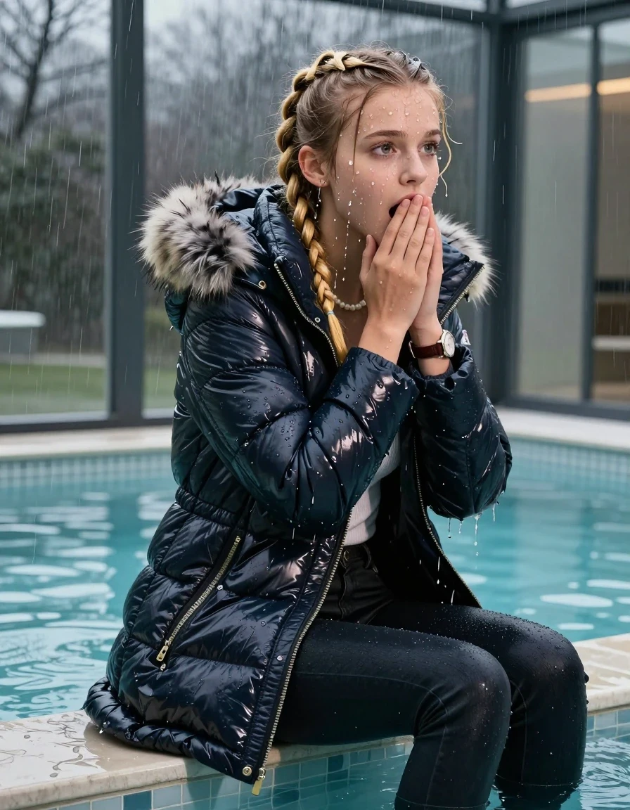 photo of young woman, in soaking wet, drenched clothes,
, Dark skinny jeans, moncler shiny puffer down coat with fur, Open jacket, tight v-neck sweater, shoulderbag, pearl necklace, bracelet, wristwatch, Steaming indoor jacuzzi , 
enjoying, wet clothes stuck to body,
detailed textures of the wet clothes, wet face, wet plastered hair,
wet, drenched, professional, high-quality details, full body view.
sharp focus, ultra-high pixel detail, realistic, high-quality, full colors, incredibly detailed, 4k, 8k, 16k, hyper-realistic, RAW photo, masterpiece, ultra-detailed, professionally color graded, professional photograph, A realistic vertical fashion photograph taken from a backward, behind-the-back angle of a 15-year-old teenage girl sitting  in a glass-walled outdoor swimming pool, facing to the camera to show her back. She is tilting her head at camera, letting the water drench her hair so it is glued flat against her head and body. She has two blonde long braids , completely saturated and dripping wet hair, with water cascading down her face and neck. Afraid and astonished expression. cover her mouth with her hands. open mouth, big eyes. The lighting is bright and cinematic, highlighting the glistening water droplets on her skin and the saturated texture of her  casual clothes. Outside the large glass wall of the pool building, heavy rain is visible falling against the window. Soft, moody indoor lighting with reflections on the water. High-quality fashion photography style.
her clothing is soaking wet and clinging tightly to her skin, showing heavy wet folds, darkened fabric texture, and deep water-saturated Patches, her clothes are heavy from the water, water runs from her body and her clothes in streams. A lot of water also runs out of her clothes. Her clothes are darkened by the water. 
hyper-realistic wetness, high-contrast water sheen, sharp focus, 16k resolution, professional photography, realistic water physics., wet skin, wet clothes, damp fabric, wet skin, wet clothes, damp fabric, wet skin, wet clothes, damp fabric, wet skin, wet clothes, damp fabric, wet skin, wet clothes, damp fabric, wet skin, wet clothes, damp fabric, wet skin, wet clothes, damp fabric, wet skin, wet clothes, damp fabric, wet skin, wet clothes, damp fabric, wet skin, wet clothes, damp fabric, wet skin, wet clothes, damp fabric, wet skin, wet clothes, damp fabric, wet skin, wet clothes, damp fabric, wet skin, wet clothes, damp fabric, wet skin, wet clothes, damp fabric, wet skin, wet clothes, damp fabric, wet skin, wet clothes, damp fabric