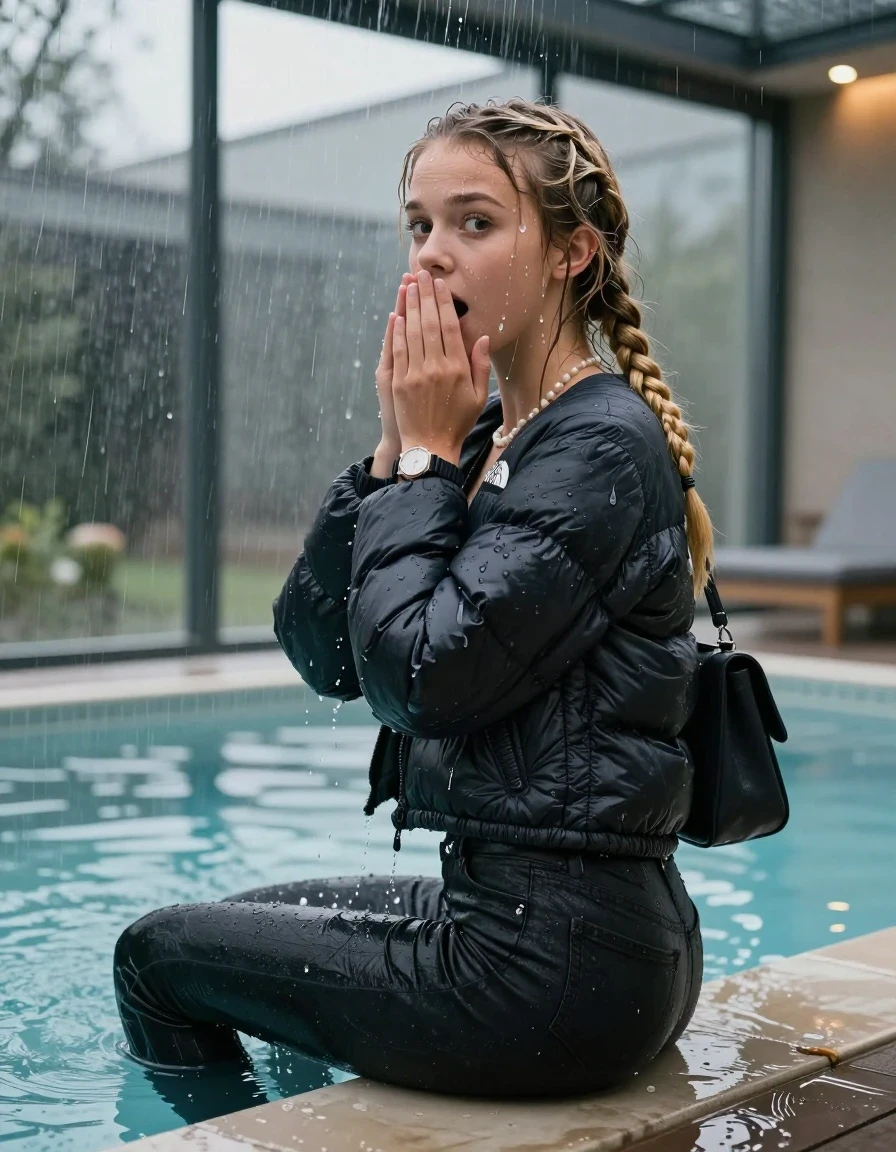photo of young woman, in soaking wet, drenched clothes,
, Dark skinny jeans,  north face puffer down jacket, Open jacket, tight v-neck sweater, shoulderbag, pearl necklace, bracelet, wristwatch, Steaming indoor jacuzzi , 
enjoying, wet clothes stuck to body,
detailed textures of the wet clothes, wet face, wet plastered hair,
wet, drenched, professional, high-quality details, full body view.
sharp focus, ultra-high pixel detail, realistic, high-quality, full colors, incredibly detailed, 4k, 8k, 16k, hyper-realistic, RAW photo, masterpiece, ultra-detailed, professionally color graded, professional photograph, A realistic vertical fashion photograph taken from a backward, behind-the-back angle of a 15-year-old teenage girl sitting  in a glass-walled outdoor swimming pool, facing to the camera to show her back. She is tilting her head at camera, letting the water drench her hair so it is glued flat against her head and body. She has two blonde long braids , completely saturated and dripping wet hair, with water cascading down her face and neck. Afraid and astonished expression. cover her mouth with her hands. open mouth, big eyes. The lighting is bright and cinematic, highlighting the glistening water droplets on her skin and the saturated texture of her  casual clothes. Outside the large glass wall of the pool building, heavy rain is visible falling against the window. Soft, moody indoor lighting with reflections on the water. High-quality fashion photography style.
her clothing is soaking wet and clinging tightly to her skin, showing heavy wet folds, darkened fabric texture, and deep water-saturated Patches, her clothes are heavy from the water, water runs from her body and her clothes in streams. A lot of water also runs out of her clothes. Her clothes are darkened by the water. 
hyper-realistic wetness, high-contrast water sheen, sharp focus, 16k resolution, professional photography, realistic water physics., wet skin, wet clothes, damp fabric, wet skin, wet clothes, damp fabric, wet skin, wet clothes, damp fabric, wet skin, wet clothes, damp fabric, wet skin, wet clothes, damp fabric, wet skin, wet clothes, damp fabric, wet skin, wet clothes, damp fabric, wet skin, wet clothes, damp fabric, wet skin, wet clothes, damp fabric, wet skin, wet clothes, damp fabric, wet skin, wet clothes, damp fabric, wet skin, wet clothes, damp fabric, wet skin, wet clothes, damp fabric, wet skin, wet clothes, damp fabric, wet skin, wet clothes, damp fabric, wet skin, wet clothes, damp fabric, wet skin, wet clothes, damp fabric