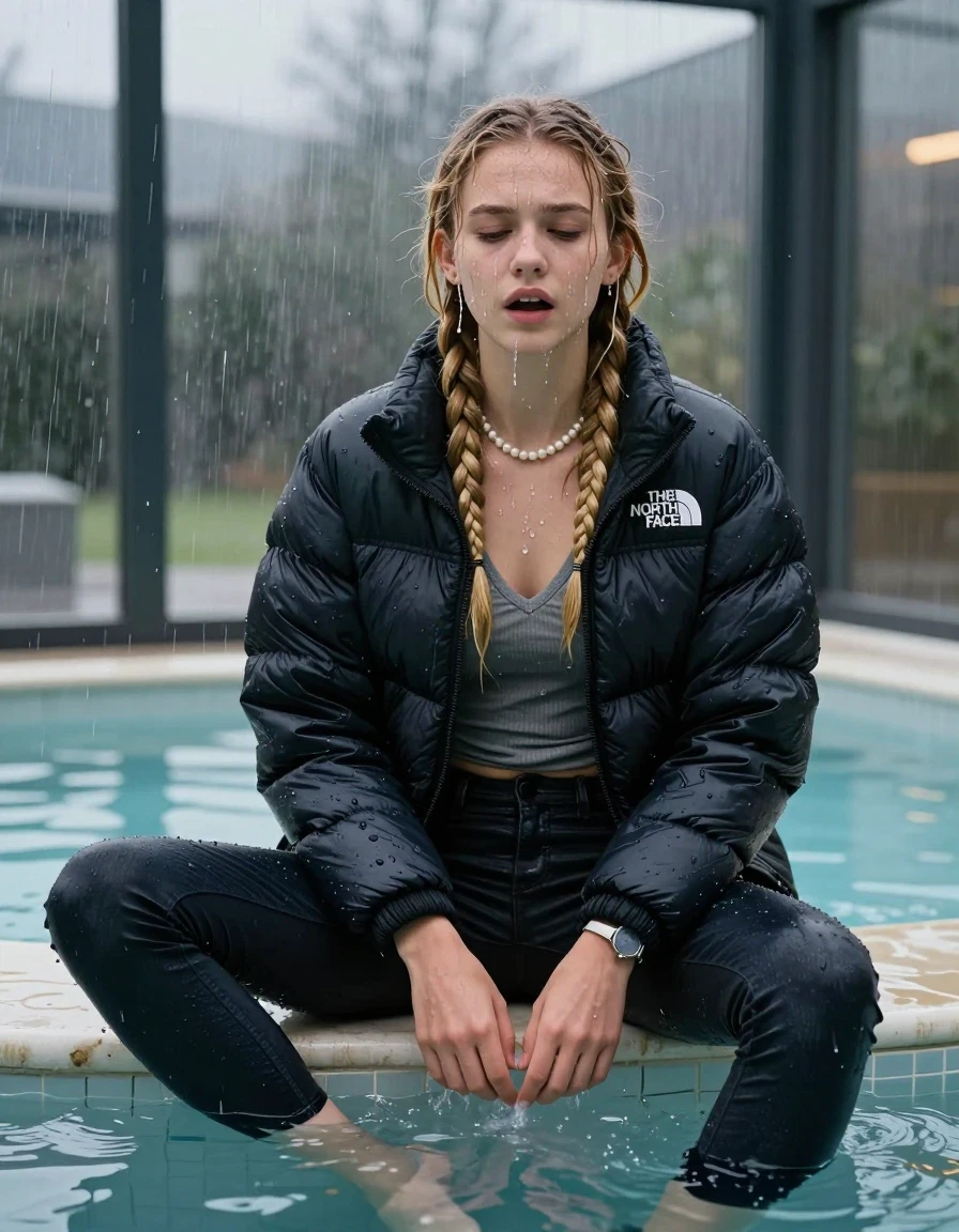 photo of young woman, in soaking wet, drenched clothes,
, Dark skinny jeans,  north face puffer down jacket, Open jacket, tight v-neck sweater, shoulderbag, pearl necklace, bracelet, wristwatch, Steaming indoor jacuzzi , 
enjoying, wet clothes stuck to body,
detailed textures of the wet clothes, wet face, wet plastered hair,
wet, drenched, professional, high-quality details, full body view.
sharp focus, ultra-high pixel detail, realistic, high-quality, full colors, incredibly detailed, 4k, 8k, 16k, hyper-realistic, RAW photo, masterpiece, ultra-detailed, professionally color graded, professional photograph, A realistic vertical fashion photograph of a 15-year-old teenage girl sitting  in a glass-walled outdoor swimming pool, legs apart, masturbating , hands in the crotch, looking to the camera. She is tilting her head at camera, letting the water drench her hair so it is glued flat against her head and body. She has two blonde long braids , completely saturated and dripping wet hair, with water cascading down her face and neck. Afraid and astonished expression. open mouth, closed eyes. The lighting is bright and cinematic, highlighting the glistening water droplets on her skin and the saturated texture of her  casual clothes. Outside the large glass wall of the pool building, heavy rain is visible falling against the window. Soft, moody indoor lighting with reflections on the water. High-quality fashion photography style.
her clothing is soaking wet and clinging tightly to her skin, showing heavy wet folds, darkened fabric texture, and deep water-saturated Patches, her clothes are heavy from the water, water runs from her body and her clothes in streams. A lot of water also runs out of her clothes. Her clothes are darkened by the water. 
hyper-realistic wetness, high-contrast water sheen, sharp focus, 16k resolution, professional photography, realistic water physics., wet skin, wet clothes, damp fabric, wet skin, wet clothes, damp fabric, wet skin, wet clothes, damp fabric, wet skin, wet clothes, damp fabric, wet skin, wet clothes, damp fabric, wet skin, wet clothes, damp fabric, wet skin, wet clothes, damp fabric, wet skin, wet clothes, damp fabric, wet skin, wet clothes, damp fabric, wet skin, wet clothes, damp fabric, wet skin, wet clothes, damp fabric, wet skin, wet clothes, damp fabric, wet skin, wet clothes, damp fabric, wet skin, wet clothes, damp fabric, wet skin, wet clothes, damp fabric, wet skin, wet clothes, damp fabric
