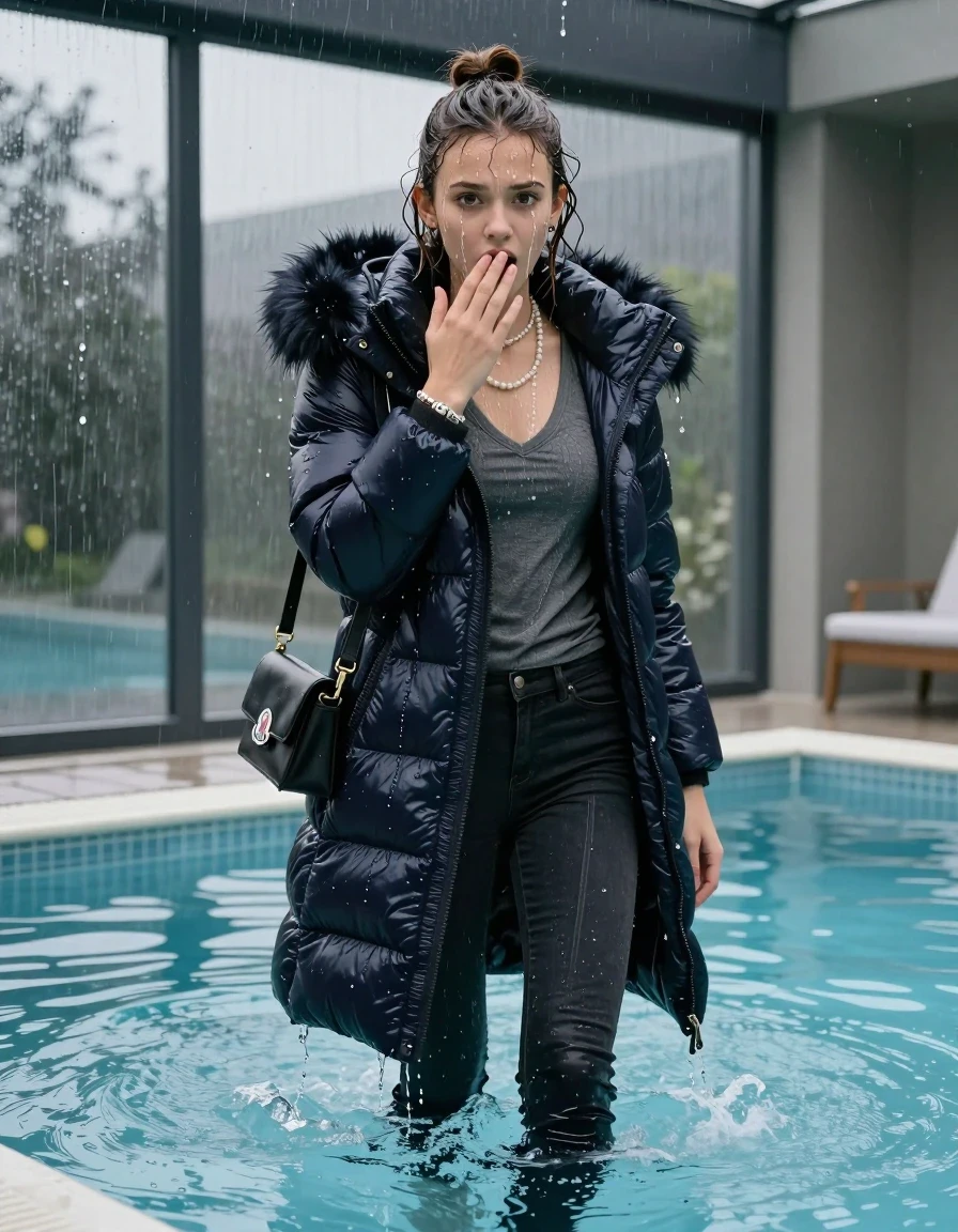 photo of young woman, in soaking wet, drenched clothes,
black heels, Dark skinny jeans, moncler long shiny puffer down coat with fur, Open jacket, tight v-neck sweater, shoulderbag, pearl necklace, bracelet, wristwatch, Steaming indoor jacuzzi , 
enjoying, wet clothes stuck to body,
detailed textures of the wet clothes, wet face, wet plastered hair,
wet, drenched, professional, high-quality details, full body view.
sharp focus, ultra-high pixel detail, realistic, high-quality, full colors, incredibly detailed, 4k, 8k, 16k, hyper-realistic, RAW photo, masterpiece, ultra-detailed, professionally color graded, professional photograph, A realistic vertical fashion photograph of a 15-year-old teenage girl slides back into the water of a glass-walled outdoor swimming pool, facing to the camera to show her back. She is tilting her head at camera, letting the water drench her hair so it is glued flat against her head and body. She has half-up hair with a topknot, completely saturated and dripping wet hair, with water cascading down her face and neck. Afraid and astonished expression. She hold a hand over her mouth. open mouth, big eyes. The lighting is bright and cinematic, highlighting the glistening water droplets on her skin and the saturated texture of her  casual clothes. Outside the large glass wall of the pool building, heavy rain is visible falling against the window. Soft, moody indoor lighting with reflections on the water. High-quality fashion photography style.
her clothing is soaking wet and clinging tightly to her skin, showing heavy wet folds, darkened fabric texture, and deep water-saturated Patches, her clothes are heavy from the water, water runs from her body and her clothes in streams. A lot of water also runs out of her clothes. Her clothes are darkened by the water. 
hyper-realistic wetness, high-contrast water sheen, sharp focus, 16k resolution, professional photography, realistic water physics., wet skin, wet clothes, damp fabric, wet skin, wet clothes, damp fabric, wet skin, wet clothes, damp fabric, wet skin, wet clothes, damp fabric, wet skin, wet clothes, damp fabric, wet skin, wet clothes, damp fabric, wet skin, wet clothes, damp fabric, wet skin, wet clothes, damp fabric, wet skin, wet clothes, damp fabric, wet skin, wet clothes, damp fabric, wet skin, wet clothes, damp fabric, wet skin, wet clothes, damp fabric, wet skin, wet clothes, damp fabric, wet skin, wet clothes, damp fabric, wet skin, wet clothes, damp fabric, wet skin, wet clothes, damp fabric, wet skin, wet clothes, damp fabric, wet skin, wet clothes, damp fabric