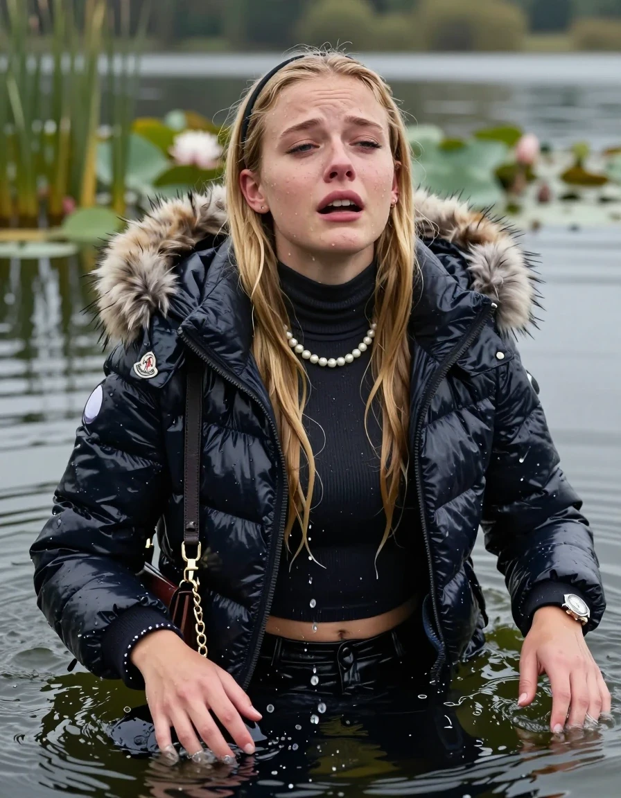 photo of young woman, in soaking wet, drenched clothes,
, , Moncler shiny puffer down jacket with fur, open jacket,  tight turtleneck sweater belly free, shoulderbag, pearl necklace, bracelet, wristwatch, Swimming and sinking deep into the water after diving in a lake with water lilies and reeds, 
enjoying, wet clothes stuck to body,
detailed textures of the wet clothes, wet face, wet plastered hair,
wet, drenched, professional, high-quality details, full body view.
sharp focus, ultra-high pixel detail, realistic, high-quality, full colors, incredibly detailed, 4k, 8k, 16k, hyper-realistic, RAW photo, masterpiece, ultra-detailed, professionally color graded, professional photograph, blonde Sleek long straight hair, hairband

15 years old  teenage girl

Looking up at camera, Whole body and shoulders are submerged under the surface. half closed eyes. Make-up.

she is completely underwater up to her neck,  crying and astonished expression. 

Leaning back. Arms lying on the surface.

her submerged clothes are hardly vusible under water, she soaked her handbag into the water
she is completely underwater up to her neck, afraid and astonished expression. 

her clothing is soaking wet and clinging tightly to her skin, showing heavy wet folds, darkened fabric texture, and deep water-saturated Patches, her clothes are heavy from the water, water runs from her body and her clothes in streams. A lot of water also runs out of her clothes. Her clothes are darkened by the water. Her submerged clothes are good visible under the water.  she soaked her handbag into the water.

close up view, wet skin, wet clothes, wet hair, damp fabric, water runs down the clothes, wet skin, wet clothes, damp fabric. cinematic medium shot, hyper-realistic wetness, high-contrast water sheen, sharp focus, 16k resolution, professional photography, realistic water physics., wet skin, wet clothes, damp fabric, wet skin, wet clothes, damp fabric, wet skin, wet clothes, damp fabric, wet skin, wet clothes, damp fabric, wet skin, wet clothes, damp fabric