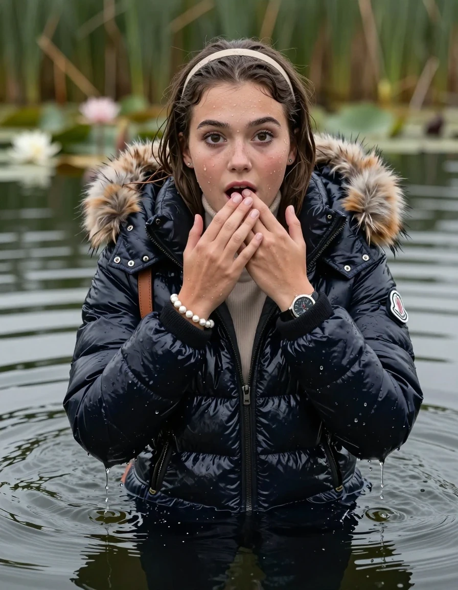 photo of young woman, in soaking wet, drenched clothes,
, , Moncler shiny puffer down jacket with fur, open jacket,  tight turtleneck sweater belly free, shoulderbag, pearl necklace, bracelet, wristwatch, Swimming and sinking deep into the water after diving in a lake with water lilies and reeds, 
enjoying, wet clothes stuck to body,
detailed textures of the wet clothes, wet face, wet plastered hair,
wet, drenched, professional, high-quality details, full body view.
sharp focus, ultra-high pixel detail, realistic, high-quality, full colors, incredibly detailed, 4k, 8k, 16k, hyper-realistic, RAW photo, masterpiece, ultra-detailed, professionally color graded, professional photograph, collarbone bob, hairband

15 years old  teenage girl

Looking up at camera, Whole body and shoulders are submerged under the surface. open mouth, big eyes. Make-up.

she is completely underwater up to her neck.

one hand over her mouth.

her submerged clothes are hardly vusible under water, she soaked her handbag into the water
she is completely underwater up to her neck, astonished expression. 

her clothing is soaking wet and clinging tightly to her skin, showing heavy wet folds, darkened fabric texture, and deep water-saturated Patches, her clothes are heavy from the water, water runs from her body and her clothes in streams. A lot of water also runs out of her clothes. Her clothes are darkened by the water. Her submerged clothes are good visible under the water.  she soaked her handbag into the water.

close up view, wet skin, wet clothes, wet hair, damp fabric, water runs down the clothes, wet skin, wet clothes, damp fabric. cinematic medium shot, hyper-realistic wetness, high-contrast water sheen, sharp focus, 16k resolution, professional photography, realistic water physics., wet skin, wet clothes, damp fabric, wet skin, wet clothes, damp fabric, wet skin, wet clothes, damp fabric, wet skin, wet clothes, damp fabric, wet skin, wet clothes, damp fabric