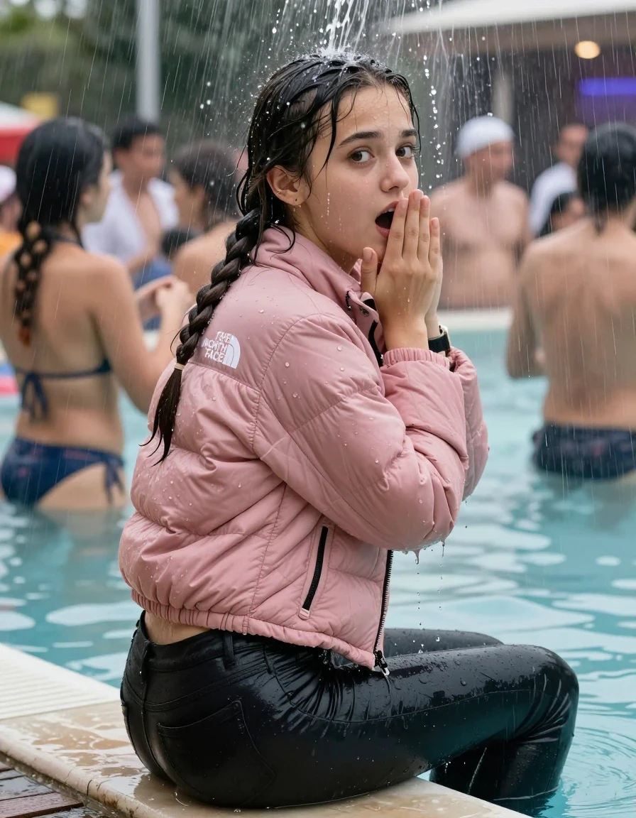 photo of young woman, in soaking wet, drenched clothes,
, Dark skinny jeans, Pink north face puffer down jacket, Open jacket, tight v-neck sweater, shoulderbag, pearl necklace, bracelet, wristwatch, Steaming outdoor jacuzzi at crowded pool party with a lot of people in soaked clothes, 
enjoying, wet clothes stuck to body,
detailed textures of the wet clothes, wet face, wet plastered hair,
wet, drenched, professional, high-quality details, full body view.
sharp focus, ultra-high pixel detail, realistic, high-quality, full colors, incredibly detailed, 4k, 8k, 16k, hyper-realistic, RAW photo, masterpiece, ultra-detailed, professionally color graded, professional photograph, A realistic vertical fashion photograph taken from a backward, behind-the-back angle of a young cute teenage girl sitting on the edge of the pool while it pours water on her during a heavy storm, facing to the camera to show her back. She is tilting her head at camera, letting the water drench her hair so it is glued flat against her head and body. She has two long braids , completely saturated and dripping wet hair, with water cascading down her face and neck. Afraid and astonished expression. cover her mouth with her hands. open mouth, big eyes. The lighting is bright and cinematic, highlighting the glistening water droplets on her skin and the saturated texture of her  casual clothes. Soft, moody indoor lighting with reflections on the water. High-quality fashion photography style.
her clothing is soaking wet and clinging tightly to her skin, showing heavy wet folds, darkened fabric texture, and deep water-saturated Patches, her clothes are heavy from the water, water runs from her body and her clothes in streams. A lot of water also runs out of her clothes. Her clothes are darkened by the water. 
hyper-realistic wetness, high-contrast water sheen, sharp focus, 16k resolution, professional photography, realistic water physics., wet skin, wet clothes, damp fabric, wet skin, wet clothes, damp fabric, wet skin, wet clothes, damp fabric, wet skin, wet clothes, damp fabric, wet skin, wet clothes, damp fabric, wet skin, wet clothes, damp fabric, wet skin, wet clothes, damp fabric, wet skin, wet clothes, damp fabric, wet skin, wet clothes, damp fabric, wet skin, wet clothes, damp fabric, wet skin, wet clothes, damp fabric, wet skin, wet clothes, damp fabric, wet skin, wet clothes, damp fabric, wet skin, wet clothes, damp fabric, wet skin, wet clothes, damp fabric, wet skin, wet clothes, damp fabric