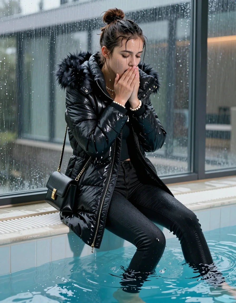 photo of young woman, in soaking wet, drenched clothes,
black heels, Dark skinny jeans, black moncler long shiny puffer down coat with fur, Open jacket, tight v-neck sweater, shoulderbag, pearl necklace, bracelet, wristwatch, Steaming indoor jacuzzi , 
enjoying, wet clothes stuck to body,
detailed textures of the wet clothes, wet face, wet plastered hair,
wet, drenched, professional, high-quality details, full body view.
sharp focus, ultra-high pixel detail, realistic, high-quality, full colors, incredibly detailed, 4k, 8k, 16k, hyper-realistic, RAW photo, masterpiece, ultra-detailed, professionally color graded, professional photograph, A realistic vertical fashion photograph of a 15-year-old teenage girl slides back from the edge into the water of a glass-walled outdoor swimming pool, facing down to show her back. She is tilting her head at camera, letting the water drench her hair so it is glued flat against her head and body. She has a topknot, completely saturated and dripping wet hair, with water cascading down her face and neck. Afraid and astonished expression. She hold her hands over her mouth. half closed eyes eyes. The lighting is bright and cinematic, highlighting the glistening water droplets on her skin and the saturated texture of her  casual clothes. Outside the large glass wall of the pool building, heavy rain is visible falling against the window. Soft, moody indoor lighting with reflections on the water. High-quality fashion photography style.
her clothing is soaking wet and clinging tightly to her skin, showing heavy wet folds, darkened fabric texture, and deep water-saturated Patches, her clothes are heavy from the water, water runs from her body and her clothes in streams. A lot of water also runs out of her clothes. Her clothes are darkened by the water. 
hyper-realistic wetness, high-contrast water sheen, sharp focus, 16k resolution, professional photography, realistic water physics., wet skin, wet clothes, damp fabric, wet skin, wet clothes, damp fabric, wet skin, wet clothes, damp fabric, wet skin, wet clothes, damp fabric, wet skin, wet clothes, damp fabric, wet skin, wet clothes, damp fabric, wet skin, wet clothes, damp fabric, wet skin, wet clothes, damp fabric, wet skin, wet clothes, damp fabric, wet skin, wet clothes, damp fabric, wet skin, wet clothes, damp fabric, wet skin, wet clothes, damp fabric, wet skin, wet clothes, damp fabric, wet skin, wet clothes, damp fabric, wet skin, wet clothes, damp fabric, wet skin, wet clothes, damp fabric, wet skin, wet clothes, damp fabric, wet skin, wet clothes, damp fabric