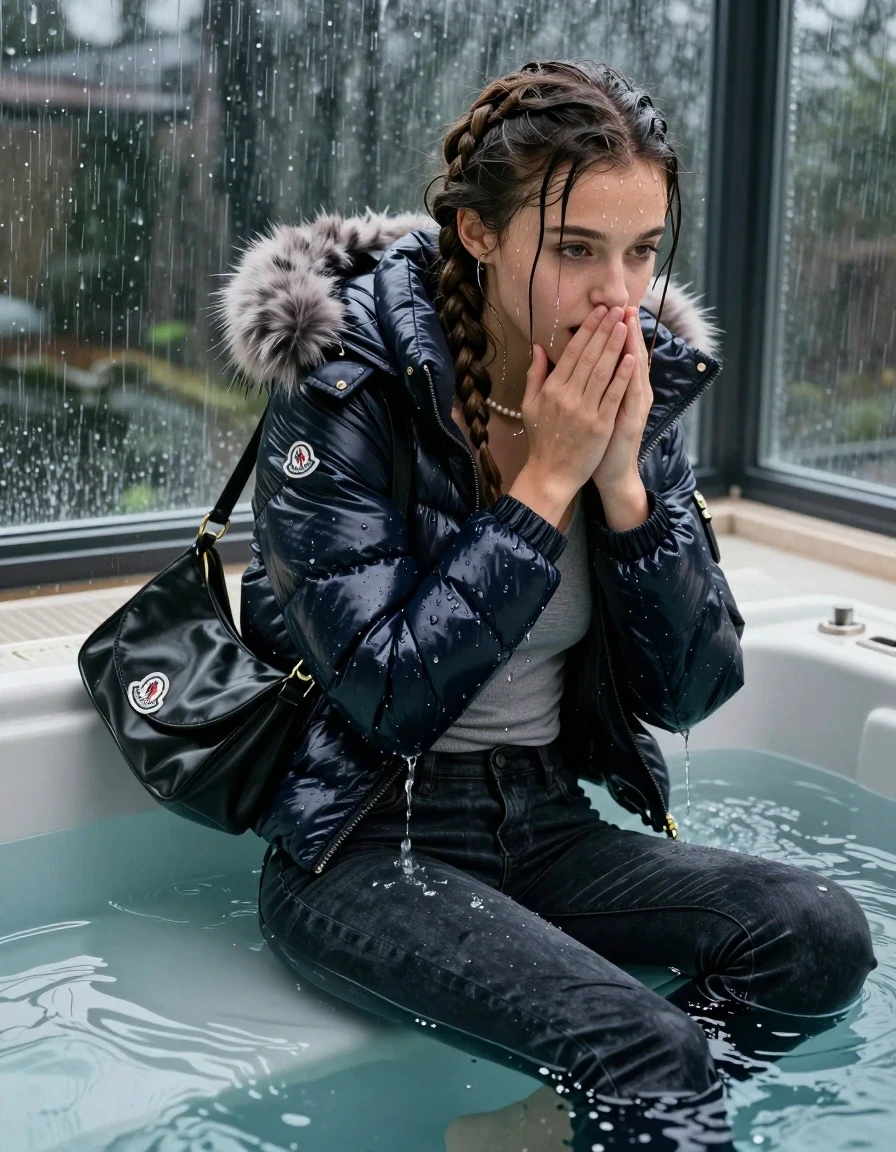 photo of young woman, in soaking wet, drenched clothes,
, Dark skinny jeans, Moncler shiny puffer down jacket with fur, Open jacket, tight v-neck sweater, shoulderbag, pearl necklace, bracelet, wristwatch, Lying in Steaming indoor jacuzzi , 
enjoying, wet clothes stuck to body,
detailed textures of the wet clothes, wet face, wet plastered hair,
wet, drenched, professional, high-quality details, full body view.
sharp focus, ultra-high pixel detail, realistic, high-quality, full colors, incredibly detailed, 4k, 8k, 16k, hyper-realistic, RAW photo, masterpiece, ultra-detailed, professionally color graded, professional photograph, A realistic vertical fashion photograph taken from a backward, behind-the-back angle of a 15-year-old teenage girl in a glass-walled outdoor swimming pool, facing to the camera to show her back. She is tilting her head down at camera, letting the water drench her hair so it is glued flat against her head and body. She has two long braids , completely saturated and dripping wet hair, with water cascading down her face and neck. Horny and astonished expression. Hold her hands over her mouth. open mouth, horny eyes. The lighting is bright and cinematic, highlighting the glistening water droplets on her skin and the saturated texture of her  casual clothes. Outside the large glass wall of the pool building, heavy rain is visible falling against the window. Soft, moody indoor lighting with reflections on the water. High-quality fashion photography style.
her clothing is soaking wet and clinging tightly to her skin, showing heavy wet folds, darkened fabric texture, and deep water-saturated Patches, her clothes are heavy from the water, water runs from her body and her clothes in streams. A lot of water also runs out of her clothes. Her clothes are darkened by the water. 
hyper-realistic wetness, high-contrast water sheen, sharp focus, 16k resolution, professional photography, realistic water physics., wet skin, wet clothes, damp fabric, wet skin, wet clothes, damp fabric, wet skin, wet clothes, damp fabric, wet skin, wet clothes, damp fabric, wet skin, wet clothes, damp fabric, wet skin, wet clothes, damp fabric, wet skin, wet clothes, damp fabric, wet skin, wet clothes, damp fabric, wet skin, wet clothes, damp fabric, wet skin, wet clothes, damp fabric, wet skin, wet clothes, damp fabric, wet skin, wet clothes, damp fabric, wet skin, wet clothes, damp fabric, wet skin, wet clothes, damp fabric, wet skin, wet clothes, damp fabric, wet skin, wet clothes, damp fabric, wet skin, wet clothes, damp fabric, wet skin, wet clothes, damp fabric
