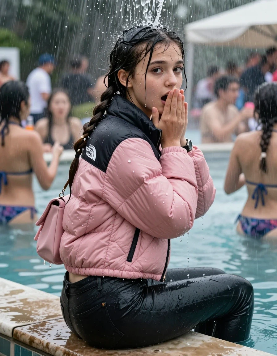 photo of young woman, in soaking wet, drenched clothes,
, Dark skinny jeans, Pink north face puffer down jacket, Open jacket, tight v-neck sweater, shoulderbag, pearl necklace, bracelet, wristwatch, Steaming outdoor jacuzzi at crowded pool party with a lot of people in soaked clothes, 
enjoying, wet clothes stuck to body,
detailed textures of the wet clothes, wet face, wet plastered hair,
wet, drenched, professional, high-quality details, full body view.
sharp focus, ultra-high pixel detail, realistic, high-quality, full colors, incredibly detailed, 4k, 8k, 16k, hyper-realistic, RAW photo, masterpiece, ultra-detailed, professionally color graded, professional photograph, A realistic vertical fashion photograph taken from a backward, behind-the-back angle of a young cute teenage girl sitting on the edge of the pool while it pours water on her during a heavy storm, facing to the camera to show her back. She is tilting her head at camera, letting the water drench her hair so it is glued flat against her head and body. She has two long braids , completely saturated and dripping wet hair, with water cascading down her face and neck. Afraid and astonished expression. cover her mouth with her hands. open mouth, big eyes. The lighting is bright and cinematic, highlighting the glistening water droplets on her skin and the saturated texture of her  casual clothes. Soft, moody indoor lighting with reflections on the water. High-quality fashion photography style.
her clothing is soaking wet and clinging tightly to her skin, showing heavy wet folds, darkened fabric texture, and deep water-saturated Patches, her clothes are heavy from the water, water runs from her body and her clothes in streams. A lot of water also runs out of her clothes. Her clothes are darkened by the water. 
hyper-realistic wetness, high-contrast water sheen, sharp focus, 16k resolution, professional photography, realistic water physics., wet skin, wet clothes, damp fabric, wet skin, wet clothes, damp fabric, wet skin, wet clothes, damp fabric, wet skin, wet clothes, damp fabric, wet skin, wet clothes, damp fabric, wet skin, wet clothes, damp fabric, wet skin, wet clothes, damp fabric, wet skin, wet clothes, damp fabric, wet skin, wet clothes, damp fabric, wet skin, wet clothes, damp fabric, wet skin, wet clothes, damp fabric, wet skin, wet clothes, damp fabric, wet skin, wet clothes, damp fabric, wet skin, wet clothes, damp fabric, wet skin, wet clothes, damp fabric, wet skin, wet clothes, damp fabric