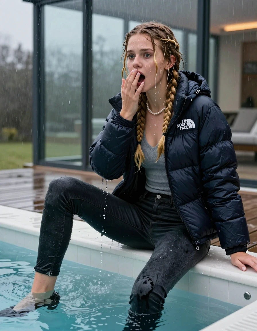 photo of young woman, in soaking wet, drenched clothes,
black heels, Dark skinny jeans,  north face puffer down jacket, Open jacket, tight v-neck sweater, shoulderbag, pearl necklace, bracelet, wristwatch, Steaming outdoor jacuzzi , 
enjoying, wet clothes stuck to body,
detailed textures of the wet clothes, wet face, wet plastered hair,
wet, drenched, professional, high-quality details, full body view.
sharp focus, ultra-high pixel detail, realistic, high-quality, full colors, incredibly detailed, 4k, 8k, 16k, hyper-realistic, RAW photo, masterpiece, ultra-detailed, professionally color graded, professional photograph, A realistic vertical fashion photograph of a 15-year-old teenage girl sitting  in a glass-walled outdoor swimming pool, legs apart, cover her mouth with a hand, puts her head under water, letting the water drench her hair so it is glued flat against her head and body. She has two blonde long braids , completely saturated and dripping wet hair, with water cascading down her face and neck. afraid and astonished expression. open mouth, big eyes. The lighting is bright and cinematic, highlighting the glistening water droplets on her skin and the saturated texture of her  casual clothes. Outside the large glass wall of the pool building, heavy rain is visible falling against the window. Soft, moody indoor lighting with reflections on the water. High-quality fashion photography style.
her clothing is soaking wet and clinging tightly to her skin, showing heavy wet folds, darkened fabric texture, and deep water-saturated Patches, her clothes are heavy from the water, water runs from her body and her clothes in streams. A lot of water also runs out of her clothes. Her clothes are darkened by the water. 
hyper-realistic wetness, high-contrast water sheen, sharp focus, 16k resolution, professional photography, realistic water physics., wet skin, wet clothes, damp fabric, wet skin, wet clothes, damp fabric, wet skin, wet clothes, damp fabric, wet skin, wet clothes, damp fabric, wet skin, wet clothes, damp fabric, wet skin, wet clothes, damp fabric, wet skin, wet clothes, damp fabric, wet skin, wet clothes, damp fabric, wet skin, wet clothes, damp fabric, wet skin, wet clothes, damp fabric, wet skin, wet clothes, damp fabric, wet skin, wet clothes, damp fabric, wet skin, wet clothes, damp fabric, wet skin, wet clothes, damp fabric, wet skin, wet clothes, damp fabric, wet skin, wet clothes, damp fabric
