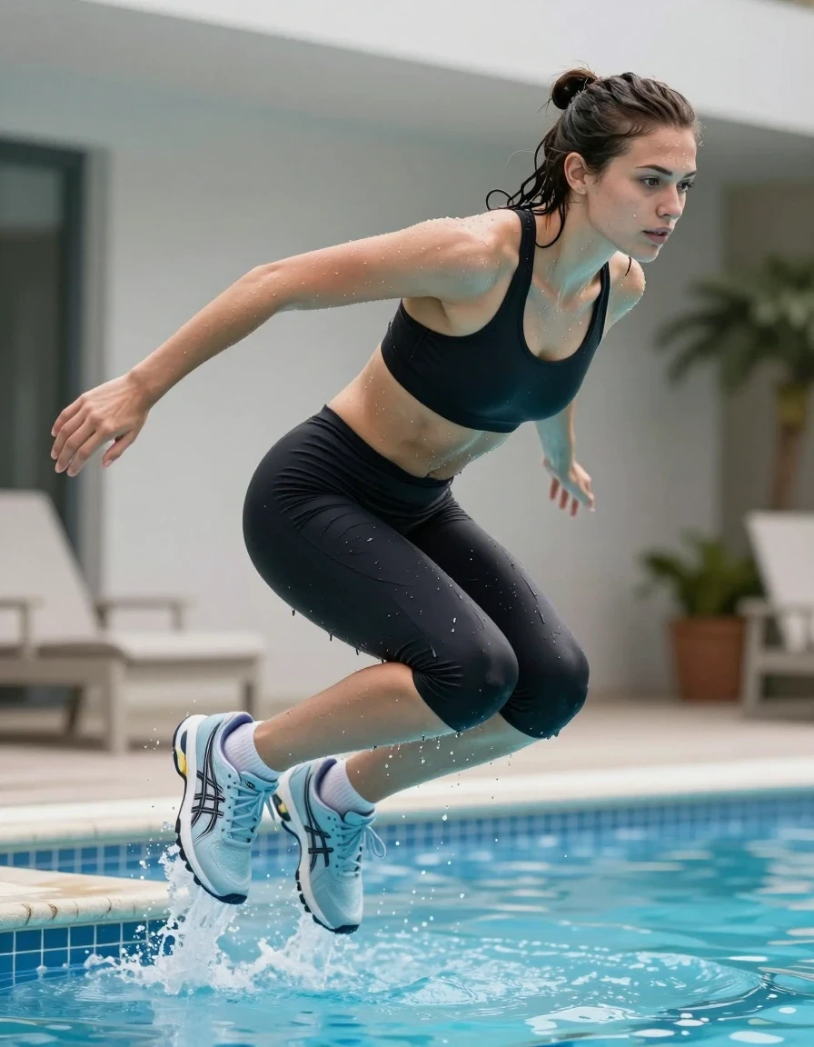 photo of young woman, in soaking wet, drenched clothes,
light blue asics sneakers, white socks, black short  leggins, black  sport bra, pool, 
enjoying, wet clothes stuck to body,
detailed textures of the wet clothes, wet face, wet plastered hair,
wet, drenched, professional, high-quality details, full body view.
sharp focus, ultra-high pixel detail, realistic, high-quality, full colors, incredibly detailed, 4k, 8k, 16k, hyper-realistic, RAW photo, masterpiece, ultra-detailed, professionally color graded, professional photograph, jumping to the pool, wet skin, wet clothes, damp fabric