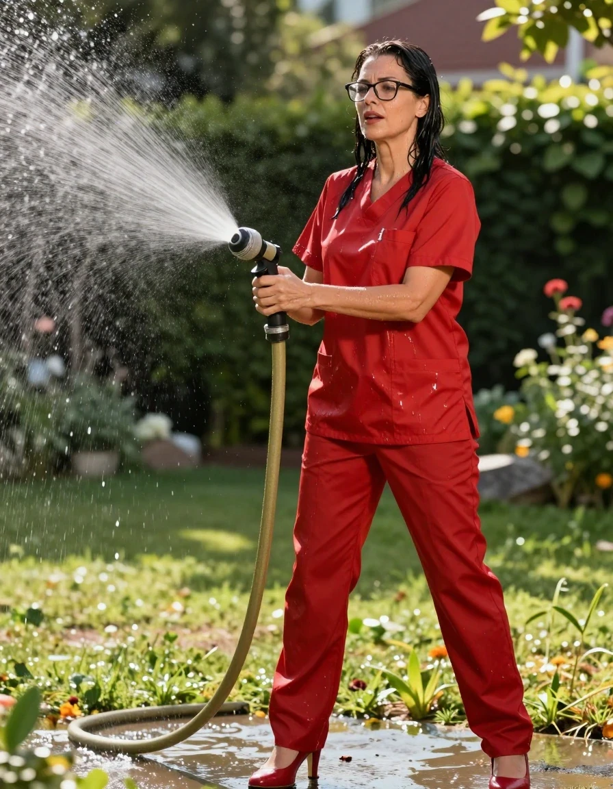 photo of young woman, in soaking wet, drenched clothes,
high-heeled shoes, red scrubs, red scrubs, spraying each other with the hose in the sunny garden, enjoying wet clothes stuck body, enjoying, wet clothes stuck to body, 
enjoying, wet clothes stuck to body,
detailed textures of the wet clothes, wet face, wet plastered hair,
wet, drenched, professional, high-quality details, full body view.
sharp focus, ultra-high pixel detail, realistic, high-quality, full colors, incredibly detailed, 4k, 8k, 16k, hyper-realistic, RAW photo, masterpiece, ultra-detailed, professionally color graded, professional photograph, europen brunette skinny woman 50 years old, long dark black hair, office glasses, very big and thick lips, complete body, wet skin, wet clothes, damp fabric, wet skin, wet clothes, damp fabric, wet skin, wet clothes, damp fabric, wet skin, wet clothes, damp fabric, wet skin, wet clothes, damp fabric, wet skin, wet clothes, damp fabric, wet skin, wet clothes, damp fabric
