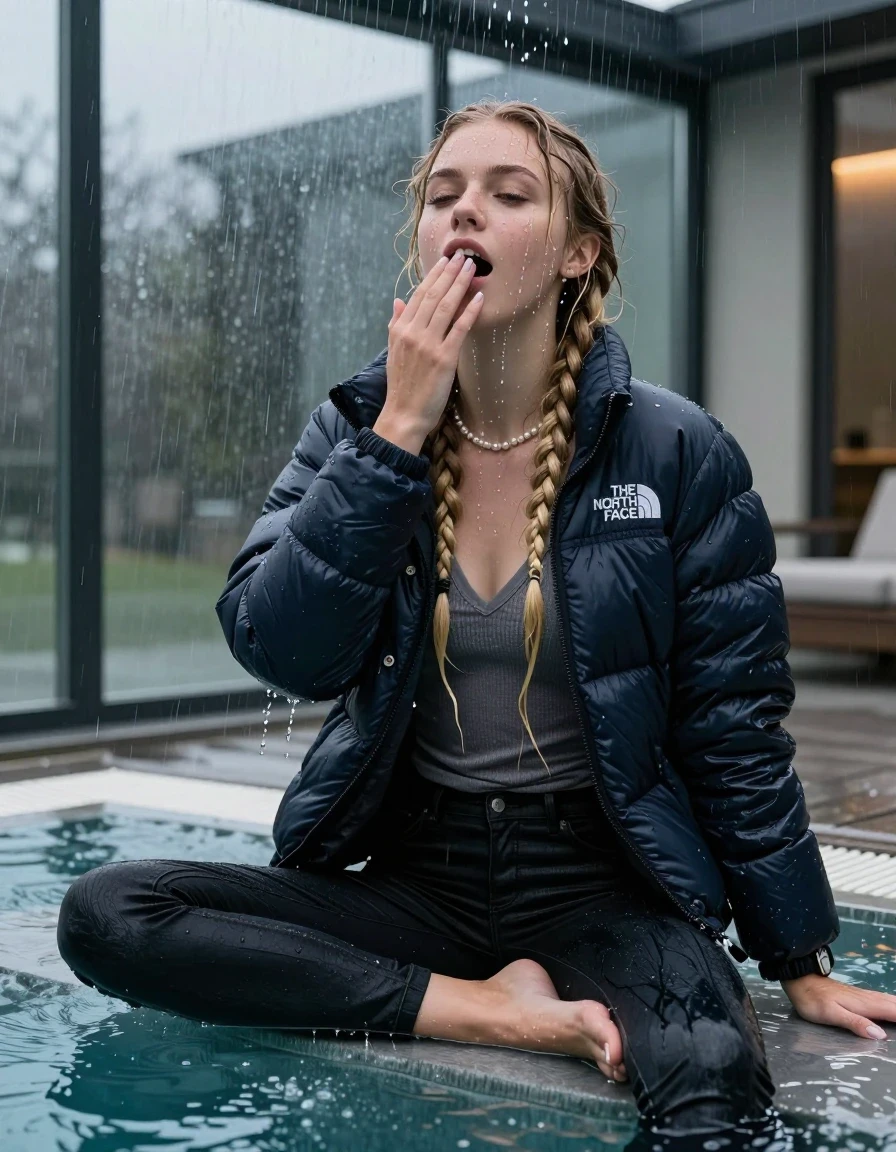 photo of young woman, in soaking wet, drenched clothes,
, Dark skinny jeans,  north face puffer down jacket, Open jacket, tight v-neck sweater, shoulderbag, pearl necklace, bracelet, wristwatch, Steaming indoor jacuzzi , 
enjoying, wet clothes stuck to body,
detailed textures of the wet clothes, wet face, wet plastered hair,
wet, drenched, professional, high-quality details, full body view.
sharp focus, ultra-high pixel detail, realistic, high-quality, full colors, incredibly detailed, 4k, 8k, 16k, hyper-realistic, RAW photo, masterpiece, ultra-detailed, professionally color graded, professional photograph, A realistic vertical fashion photograph of a 15-year-old teenage girl sitting  in a glass-walled outdoor swimming pool, legs apart, hold her hands over her mouth, looking up to the camera. She is tilting her head up, letting the water drench her hair so it is glued flat against her head and body. She has two blonde long braids , completely saturated and dripping wet hair, with water cascading down her face and neck. Horny and aroused expression. open mouth, closed eyes. The lighting is bright and cinematic, highlighting the glistening water droplets on her skin and the saturated texture of her  casual clothes. Outside the large glass wall of the pool building, heavy rain is visible falling against the window. Soft, moody indoor lighting with reflections on the water. High-quality fashion photography style.
her clothing is soaking wet and clinging tightly to her skin, showing heavy wet folds, darkened fabric texture, and deep water-saturated Patches, her clothes are heavy from the water, water runs from her body and her clothes in streams. A lot of water also runs out of her clothes. Her clothes are darkened by the water. 
hyper-realistic wetness, high-contrast water sheen, sharp focus, 16k resolution, professional photography, realistic water physics., wet skin, wet clothes, damp fabric, wet skin, wet clothes, damp fabric, wet skin, wet clothes, damp fabric, wet skin, wet clothes, damp fabric, wet skin, wet clothes, damp fabric, wet skin, wet clothes, damp fabric, wet skin, wet clothes, damp fabric, wet skin, wet clothes, damp fabric, wet skin, wet clothes, damp fabric, wet skin, wet clothes, damp fabric, wet skin, wet clothes, damp fabric, wet skin, wet clothes, damp fabric, wet skin, wet clothes, damp fabric, wet skin, wet clothes, damp fabric, wet skin, wet clothes, damp fabric, wet skin, wet clothes, damp fabric