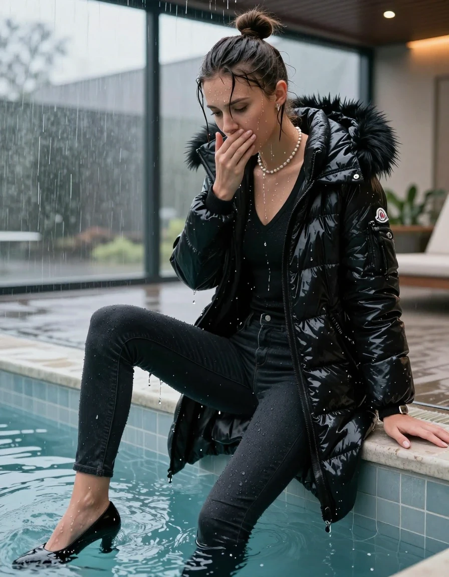 photo of young woman, in soaking wet, drenched clothes,
black heels, Dark skinny jeans, black moncler long shiny puffer down coat with fur, Open jacket, tight v-neck sweater, shoulderbag, pearl necklace, bracelet, wristwatch, Steaming indoor jacuzzi , 
enjoying, wet clothes stuck to body,
detailed textures of the wet clothes, wet face, wet plastered hair,
wet, drenched, professional, high-quality details, full body view.
sharp focus, ultra-high pixel detail, realistic, high-quality, full colors, incredibly detailed, 4k, 8k, 16k, hyper-realistic, RAW photo, masterpiece, ultra-detailed, professionally color graded, professional photograph, A realistic vertical fashion photograph of a 15-year-old teenage girl slides back from the edge into the water of a glass-walled outdoor swimming pool, facing down to show her back. She is tilting her head at camera, letting the water drench her hair so it is glued flat against her head and body. She has a topknot, completely saturated and dripping wet hair, with water cascading down her face and neck. Afraid and astonished expression. She hold her hands over her mouth. half closed eyes eyes. The lighting is bright and cinematic, highlighting the glistening water droplets on her skin and the saturated texture of her  casual clothes. Outside the large glass wall of the pool building, heavy rain is visible falling against the window. Soft, moody indoor lighting with reflections on the water. High-quality fashion photography style.
her clothing is soaking wet and clinging tightly to her skin, showing heavy wet folds, darkened fabric texture, and deep water-saturated Patches, her clothes are heavy from the water, water runs from her body and her clothes in streams. A lot of water also runs out of her clothes. Her clothes are darkened by the water. 
hyper-realistic wetness, high-contrast water sheen, sharp focus, 16k resolution, professional photography, realistic water physics., wet skin, wet clothes, damp fabric, wet skin, wet clothes, damp fabric, wet skin, wet clothes, damp fabric, wet skin, wet clothes, damp fabric, wet skin, wet clothes, damp fabric, wet skin, wet clothes, damp fabric, wet skin, wet clothes, damp fabric, wet skin, wet clothes, damp fabric, wet skin, wet clothes, damp fabric, wet skin, wet clothes, damp fabric, wet skin, wet clothes, damp fabric, wet skin, wet clothes, damp fabric, wet skin, wet clothes, damp fabric, wet skin, wet clothes, damp fabric, wet skin, wet clothes, damp fabric, wet skin, wet clothes, damp fabric, wet skin, wet clothes, damp fabric, wet skin, wet clothes, damp fabric