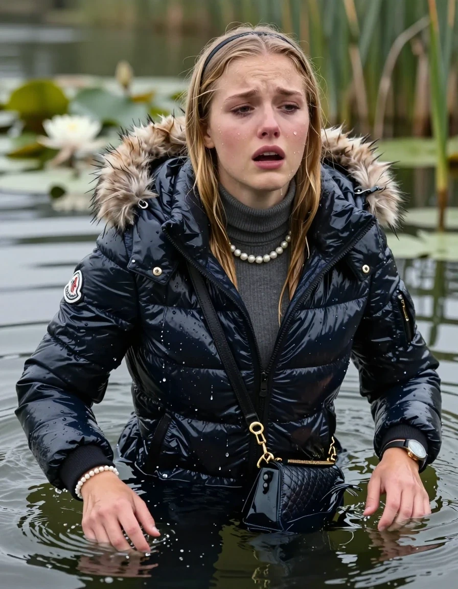 photo of young woman, in soaking wet, drenched clothes,
, , Moncler shiny puffer down jacket with fur, open jacket,  tight turtleneck sweater belly free, shoulderbag, pearl necklace, bracelet, wristwatch, Swimming and sinking deep into the water after diving in a lake with water lilies and reeds, 
enjoying, wet clothes stuck to body,
detailed textures of the wet clothes, wet face, wet plastered hair,
wet, drenched, professional, high-quality details, full body view.
sharp focus, ultra-high pixel detail, realistic, high-quality, full colors, incredibly detailed, 4k, 8k, 16k, hyper-realistic, RAW photo, masterpiece, ultra-detailed, professionally color graded, professional photograph, blonde Sleek long straight hair, hairband

15 years old  teenage girl

Looking up at camera, Whole body and shoulders are submerged under the surface. open mouth, half closed eyes. Make-up.

she is completely underwater up to her neck,  crying and astonished expression. 

Arms lying on the surface.

her submerged clothes are hardly vusible under water, she soaked her handbag into the water
she is completely underwater up to her neck, afraid and astonished expression. 

her clothing is soaking wet and clinging tightly to her skin, showing heavy wet folds, darkened fabric texture, and deep water-saturated Patches, her clothes are heavy from the water, water runs from her body and her clothes in streams. A lot of water also runs out of her clothes. Her clothes are darkened by the water. Her submerged clothes are good visible under the water.  she soaked her handbag into the water.

close up view, wet skin, wet clothes, wet hair, damp fabric, water runs down the clothes, wet skin, wet clothes, damp fabric. cinematic medium shot, hyper-realistic wetness, high-contrast water sheen, sharp focus, 16k resolution, professional photography, realistic water physics., wet skin, wet clothes, damp fabric, wet skin, wet clothes, damp fabric, wet skin, wet clothes, damp fabric, wet skin, wet clothes, damp fabric, wet skin, wet clothes, damp fabric