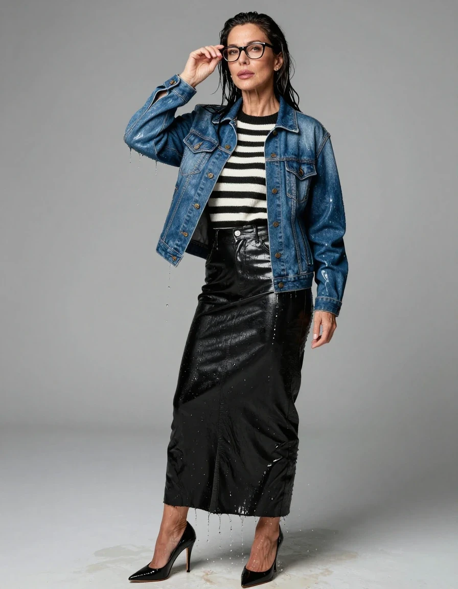 photo of young woman, in soaking wet, drenched clothes,
high-heeled shoes, shiny black leather denim maxi skirt, shiny black & wihite striped sweater, maxi shiny blue denim jacket, enjoying wet clothes stuck body, enjoying, wet clothes stuck to body, 
enjoying, wet clothes stuck to body,
detailed textures of the wet clothes, wet face, wet plastered hair,
wet, drenched, professional, high-quality details, full body view.
sharp focus, ultra-high pixel detail, realistic, high-quality, full colors, incredibly detailed, 4k, 8k, 16k, hyper-realistic, RAW photo, masterpiece, ultra-detailed, professionally color graded, professional photograph, europen brunette skinny woman 50 years old, long dark black hair, office glasses, very big and thick lips, complete body, wet skin, wet clothes, damp fabric, wet skin, wet clothes, damp fabric, wet skin, wet clothes, damp fabric, wet skin, wet clothes, damp fabric, wet skin, wet clothes, damp fabric, wet skin, wet clothes, damp fabric, wet skin, wet clothes, damp fabric