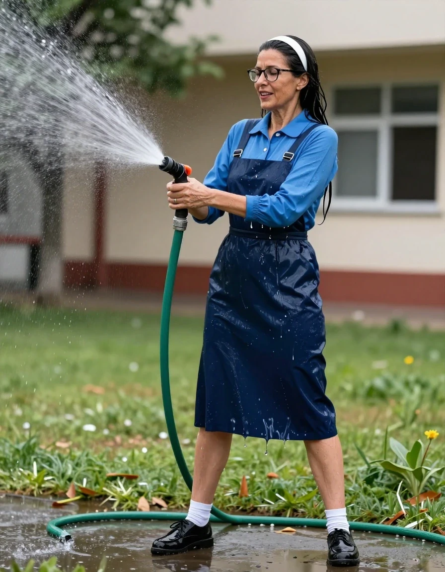 photo of young woman, in soaking wet, drenched clothes,
black shoes, white socks, long School blue pinafore to wear over a blue long-sleeved shirt, long School blue pinafore to wear over a blue long-sleeved shirt, spraying each other with the hose in the schoolyard, enjoying wet clothes stuck body, enjoying, wet clothes stuck to body, 
enjoying, wet clothes stuck to body,
detailed textures of the wet clothes, wet face, wet plastered hair,
wet, drenched, professional, high-quality details, full body view.
sharp focus, ultra-high pixel detail, realistic, high-quality, full colors, incredibly detailed, 4k, 8k, 16k, hyper-realistic, RAW photo, masterpiece, ultra-detailed, professionally color graded, professional photograph, europen brunette skinny woman 50 years old, long dark black hair,white headband, office glasses, very big and thick lips, complete body, wet skin, wet clothes, damp fabric, wet skin, wet clothes, damp fabric, wet skin, wet clothes, damp fabric, wet skin, wet clothes, damp fabric, wet skin, wet clothes, damp fabric, wet skin, wet clothes, damp fabric, wet skin, wet clothes, damp fabric