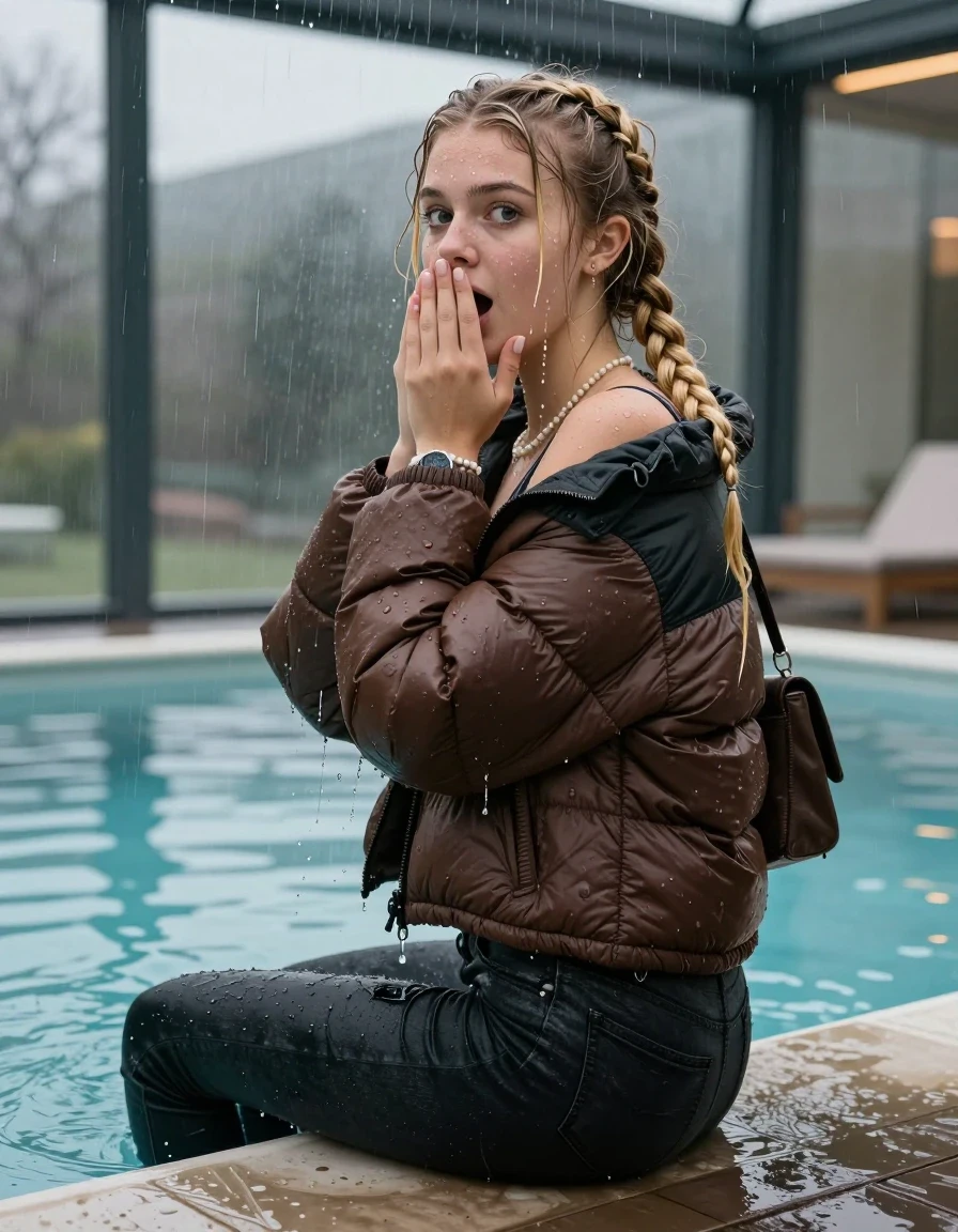 photo of young woman, in soaking wet, drenched clothes,
, Dark skinny jeans, brown north face puffer down jacket, Open jacket, tight v-neck sweater, shoulderbag, pearl necklace, bracelet, wristwatch, Steaming indoor jacuzzi , 
enjoying, wet clothes stuck to body,
detailed textures of the wet clothes, wet face, wet plastered hair,
wet, drenched, professional, high-quality details, full body view.
sharp focus, ultra-high pixel detail, realistic, high-quality, full colors, incredibly detailed, 4k, 8k, 16k, hyper-realistic, RAW photo, masterpiece, ultra-detailed, professionally color graded, professional photograph, A realistic vertical fashion photograph taken from a backward, behind-the-back angle of a 15-year-old teenage girl sitting  in a glass-walled outdoor swimming pool, facing to the camera to show her back. She is tilting her head at camera, letting the water drench her hair so it is glued flat against her head and body. She has two blonde long braids , completely saturated and dripping wet hair, with water cascading down her face and neck. Afraid and astonished expression. cover her mouth with her hands. open mouth, big eyes. The lighting is bright and cinematic, highlighting the glistening water droplets on her skin and the saturated texture of her  casual clothes. Outside the large glass wall of the pool building, heavy rain is visible falling against the window. Soft, moody indoor lighting with reflections on the water. High-quality fashion photography style.
her clothing is soaking wet and clinging tightly to her skin, showing heavy wet folds, darkened fabric texture, and deep water-saturated Patches, her clothes are heavy from the water, water runs from her body and her clothes in streams. A lot of water also runs out of her clothes. Her clothes are darkened by the water. 
hyper-realistic wetness, high-contrast water sheen, sharp focus, 16k resolution, professional photography, realistic water physics., wet skin, wet clothes, damp fabric, wet skin, wet clothes, damp fabric, wet skin, wet clothes, damp fabric, wet skin, wet clothes, damp fabric, wet skin, wet clothes, damp fabric, wet skin, wet clothes, damp fabric, wet skin, wet clothes, damp fabric, wet skin, wet clothes, damp fabric, wet skin, wet clothes, damp fabric, wet skin, wet clothes, damp fabric, wet skin, wet clothes, damp fabric, wet skin, wet clothes, damp fabric, wet skin, wet clothes, damp fabric, wet skin, wet clothes, damp fabric, wet skin, wet clothes, damp fabric, wet skin, wet clothes, damp fabric, wet skin, wet clothes, damp fabric, wet skin, wet clothes, damp fabric