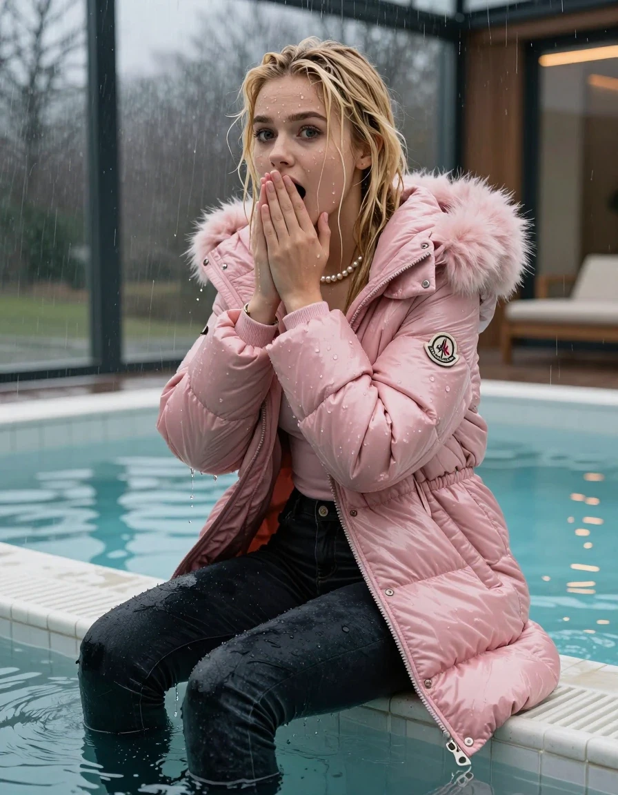 photo of young woman, in soaking wet, drenched clothes,
, Dark skinny jeans, pink moncler long shiny puffer down coat with fur, Open jacket, tight v-neck sweater, shoulderbag, pearl necklace, bracelet, wristwatch, Steaming indoor jacuzzi , 
enjoying, wet clothes stuck to body,
detailed textures of the wet clothes, wet face, wet plastered hair,
wet, drenched, professional, high-quality details, full body view.
sharp focus, ultra-high pixel detail, realistic, high-quality, full colors, incredibly detailed, 4k, 8k, 16k, hyper-realistic, RAW photo, masterpiece, ultra-detailed, professionally color graded, professional photograph, A realistic vertical fashion photograph taken from a backward, behind-the-back angle of a 15-year-old teenage girl sitting  in a glass-walled outdoor swimming pool, facing to the camera to show her back. She is tilting her head at camera, letting the water drench her hair so it is glued flat against her head and body. She has blonde sleek long strange straight hair with middle parting, completely saturated and dripping wet hair, with water cascading down her face and neck. Afraid and astonished expression. cover her mouth with her hands. open mouth, big eyes. The lighting is bright and cinematic, highlighting the glistening water droplets on her skin and the saturated texture of her  casual clothes. Outside the large glass wall of the pool building, heavy rain is visible falling against the window. Soft, moody indoor lighting with reflections on the water. High-quality fashion photography style.
her clothing is soaking wet and clinging tightly to her skin, showing heavy wet folds, darkened fabric texture, and deep water-saturated Patches, her clothes are heavy from the water, water runs from her body and her clothes in streams. A lot of water also runs out of her clothes. Her clothes are darkened by the water. 
hyper-realistic wetness, high-contrast water sheen, sharp focus, 16k resolution, professional photography, realistic water physics., wet skin, wet clothes, damp fabric, wet skin, wet clothes, damp fabric, wet skin, wet clothes, damp fabric, wet skin, wet clothes, damp fabric, wet skin, wet clothes, damp fabric, wet skin, wet clothes, damp fabric, wet skin, wet clothes, damp fabric, wet skin, wet clothes, damp fabric, wet skin, wet clothes, damp fabric, wet skin, wet clothes, damp fabric, wet skin, wet clothes, damp fabric, wet skin, wet clothes, damp fabric, wet skin, wet clothes, damp fabric, wet skin, wet clothes, damp fabric, wet skin, wet clothes, damp fabric, wet skin, wet clothes, damp fabric, wet skin, wet clothes, damp fabric, wet skin, wet clothes, damp fabric