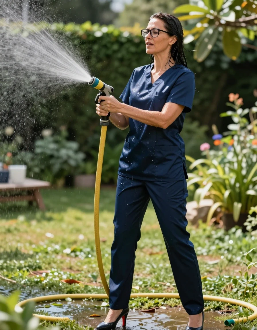 photo of young woman, in soaking wet, drenched clothes,
high-heeled shoes, dark blue shiny scrubs, dark blue shiny scrubs, spraying each other with the hose in the sunny garden, enjoying wet clothes stuck body, enjoying, wet clothes stuck to body, 
enjoying, wet clothes stuck to body,
detailed textures of the wet clothes, wet face, wet plastered hair,
wet, drenched, professional, high-quality details, full body view.
sharp focus, ultra-high pixel detail, realistic, high-quality, full colors, incredibly detailed, 4k, 8k, 16k, hyper-realistic, RAW photo, masterpiece, ultra-detailed, professionally color graded, professional photograph, europen brunette skinny woman 50 years old, long dark black hair, office glasses, very big and thick lips, complete body, wet skin, wet clothes, damp fabric, wet skin, wet clothes, damp fabric, wet skin, wet clothes, damp fabric, wet skin, wet clothes, damp fabric, wet skin, wet clothes, damp fabric, wet skin, wet clothes, damp fabric, wet skin, wet clothes, damp fabric