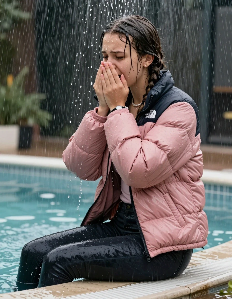 photo of young woman, in soaking wet, drenched clothes,
, Dark skinny jeans, Pink north face puffer down jacket, Open jacket, tight v-neck sweater, shoulderbag, pearl necklace, bracelet, wristwatch, Steaming outdoor jacuzzi , 
enjoying, wet clothes stuck to body,
detailed textures of the wet clothes, wet face, wet plastered hair,
wet, drenched, professional, high-quality details, full body view.
sharp focus, ultra-high pixel detail, realistic, high-quality, full colors, incredibly detailed, 4k, 8k, 16k, hyper-realistic, RAW photo, masterpiece, ultra-detailed, professionally color graded, professional photograph, A realistic vertical fashion photograph taken from a backward, behind-the-back angle of a 15-year-old teenage girl sitting on the edge of the pool while it pours water on her during a heavy storm, facing to the camera to show her back. She is tilting her head at camera, letting the water drench her hair so it is glued flat against her head and body. She has two long braids , completely saturated and dripping wet hair, with water cascading down her face and neck. Afraid and astonished expression. cover her nose with her hands. open mouth, closed eyes. The lighting is bright and cinematic, highlighting the glistening water droplets on her skin and the saturated texture of her  casual clothes. Soft, moody indoor lighting with reflections on the water. High-quality fashion photography style.
her clothing is soaking wet and clinging tightly to her skin, showing heavy wet folds, darkened fabric texture, and deep water-saturated Patches, her clothes are heavy from the water, water runs from her body and her clothes in streams. A lot of water also runs out of her clothes. Her clothes are darkened by the water. 
hyper-realistic wetness, high-contrast water sheen, sharp focus, 16k resolution, professional photography, realistic water physics., wet skin, wet clothes, damp fabric, wet skin, wet clothes, damp fabric, wet skin, wet clothes, damp fabric, wet skin, wet clothes, damp fabric, wet skin, wet clothes, damp fabric, wet skin, wet clothes, damp fabric, wet skin, wet clothes, damp fabric, wet skin, wet clothes, damp fabric, wet skin, wet clothes, damp fabric, wet skin, wet clothes, damp fabric, wet skin, wet clothes, damp fabric, wet skin, wet clothes, damp fabric, wet skin, wet clothes, damp fabric, wet skin, wet clothes, damp fabric, wet skin, wet clothes, damp fabric, wet skin, wet clothes, damp fabric