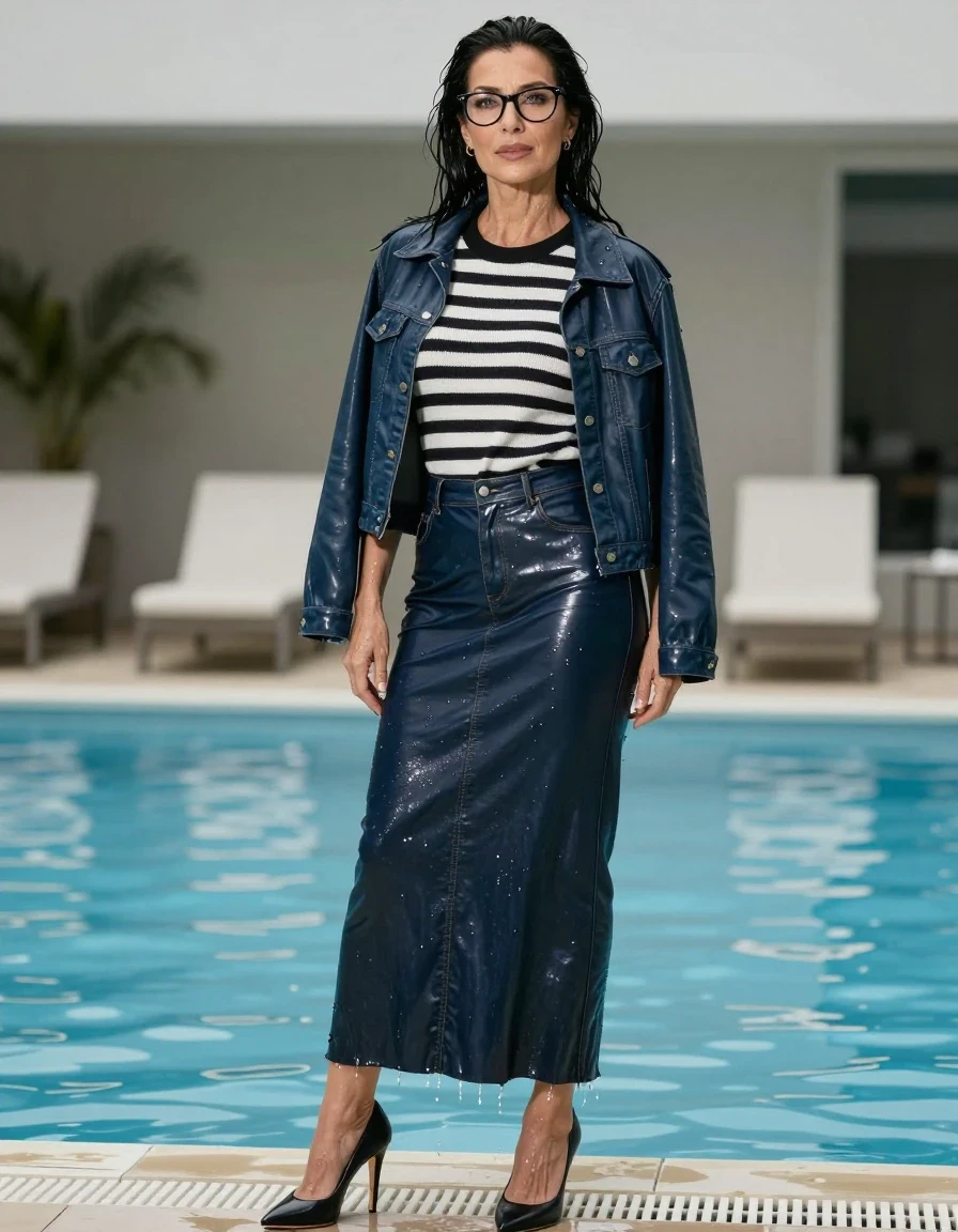 photo of young woman, in soaking wet, drenched clothes,
high-heeled shoes, shiny dark blue leather denim maxi skirt, shiny black & wihite striped sweater, maxi shiny dark blue leather denim jacket, after swim in pool, enjoying wet clothes stuck body, enjoying, wet clothes stuck to body, 
enjoying, wet clothes stuck to body,
detailed textures of the wet clothes, wet face, wet plastered hair,
wet, drenched, professional, high-quality details, full body view.
sharp focus, ultra-high pixel detail, realistic, high-quality, full colors, incredibly detailed, 4k, 8k, 16k, hyper-realistic, RAW photo, masterpiece, ultra-detailed, professionally color graded, professional photograph, europen brunette skinny woman 50 years old, long dark black hair, office glasses, very big and thick lips, complete body, wet skin, wet clothes, damp fabric, wet skin, wet clothes, damp fabric, wet skin, wet clothes, damp fabric, wet skin, wet clothes, damp fabric, wet skin, wet clothes, damp fabric, wet skin, wet clothes, damp fabric, wet skin, wet clothes, damp fabric