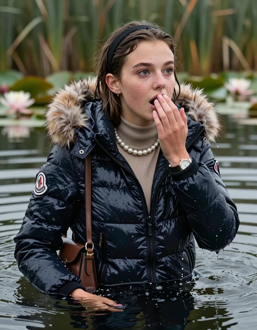 photo of young woman, in soaking wet, drenched clothes,
, , Moncler shiny puffer down jacket with fur, open jacket,  tight turtleneck sweater belly free, shoulderbag, pearl necklace, bracelet, wristwatch, Swimming and sinking deep into the water after diving in a lake with water lilies and reeds, 
enjoying, wet clothes stuck to body,
detailed textures of the wet clothes, wet face, wet plastered hair,
wet, drenched, professional, high-quality details, full body view.
sharp focus, ultra-high pixel detail, realistic, high-quality, full colors, incredibly detailed, 4k, 8k, 16k, hyper-realistic, RAW photo, masterpiece, ultra-detailed, professionally color graded, professional photograph, collarbone bob, hairband

15 years old  teenage girl

Looking away, Whole body and shoulders are submerged under the surface. open mouth, big eyes. Make-up.

she is completely underwater up to her neck.

one hand over her mouth.

her submerged clothes are hardly vusible under water, she soaked her handbag into the water
she is completely underwater up to her neck, astonished expression. 

her clothing is soaking wet and clinging tightly to her skin, showing heavy wet folds, darkened fabric texture, and deep water-saturated Patches, her clothes are heavy from the water, water runs from her body and her clothes in streams. A lot of water also runs out of her clothes. Her clothes are darkened by the water. Her submerged clothes are good visible under the water.  she soaked her handbag into the water.

close up view, wet skin, wet clothes, wet hair, damp fabric, water runs down the clothes, wet skin, wet clothes, damp fabric. cinematic medium shot, hyper-realistic wetness, high-contrast water sheen, sharp focus, 16k resolution, professional photography, realistic water physics., wet skin, wet clothes, damp fabric, wet skin, wet clothes, damp fabric, wet skin, wet clothes, damp fabric, wet skin, wet clothes, damp fabric, wet skin, wet clothes, damp fabric