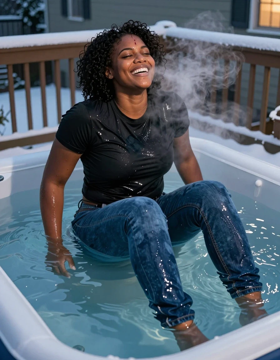 A 27-year-old African-American woman, 5'10", tall and powerfully built with deep brown skin, natural coils in a high puff, dark brown eyes, and a healed scar through one eyebrow. She is barefoot in an inflatable hot tub. She wears a black graphic wrestling t-shirt and dark boot-cut jeans; the jeans are soaking-wet blue denim, water-saturated heavyweight denim, blue changed to deep navy and indigo, substantially darker unevenly soaked patches, absorbed water, heavy wet folds, visible weave and stitching, and strong glossy specular reflections on the raised weave, seams, and creases. Her skin is glistening with water, and wet coils frame her face. She has an enormous warm grin, head tipped back, eyes closed, breath fogging in the freezing air, expression caught between laughing and completely serious. The scene is an inflatable hot tub on a snowy apartment back deck at night, with thick ropes of steam rising into the air and snow dusting the deck railing. Lighting features a mix of blue-white deck light and warm porch light reflecting off the water and her skin. Medium framing, shot from slightly above at a three-quarter angle. Triumphant, cozy, and quietly intimate atmosphere, photorealistic, 8k resolution, cinematic lighting.
