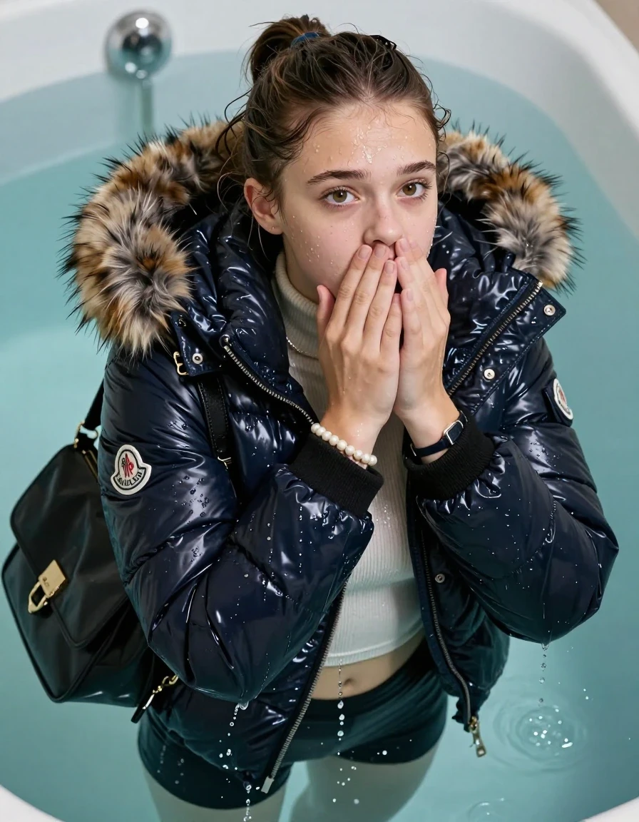 photo of young woman, in soaking wet, drenched clothes,
, , Moncler shiny puffer down jacket with fur, open jacket,  tight turtleneck sweater belly free, shoulderbag, pearl necklace, bracelet, wristwatch, Swimming and sinking deep into the water after diving in a bathtube, 
enjoying, wet clothes stuck to body,
detailed textures of the wet clothes, wet face, wet plastered hair,
wet, drenched, professional, high-quality details, full body view.
sharp focus, ultra-high pixel detail, realistic, high-quality, full colors, incredibly detailed, 4k, 8k, 16k, hyper-realistic, RAW photo, masterpiece, ultra-detailed, professionally color graded, professional photograph, Sleek ponytail 

15 years old  teenage girl

Looking up at camera, Whole body and shoulders are submerged under the surface. horny eyes.

she is completely underwater up to her neck,  fearful and shocked expression. 

Leaning back. Hands over mouth and nose. 

her submerged clothes are hardly vusible under water, she soaked her handbag into the water
she is completely underwater up to her neck, afraid and astonished expression. 

her clothing is soaking wet and clinging tightly to her skin, showing heavy wet folds, darkened fabric texture, and deep water-saturated Patches, her clothes are heavy from the water, water runs from her body and her clothes in streams. A lot of water also runs out of her clothes. Her clothes are darkened by the water. Her submerged clothes are good visible under the water.  she soaked her handbag into the water.

close up view, wet skin, wet clothes, wet hair, damp fabric, water runs down the clothes, wet skin, wet clothes, damp fabric. cinematic medium shot, hyper-realistic wetness, high-contrast water sheen, sharp focus, 16k resolution, professional photography, realistic water physics., wet skin, wet clothes, damp fabric, wet skin, wet clothes, damp fabric, wet skin, wet clothes, damp fabric, wet skin, wet clothes, damp fabric