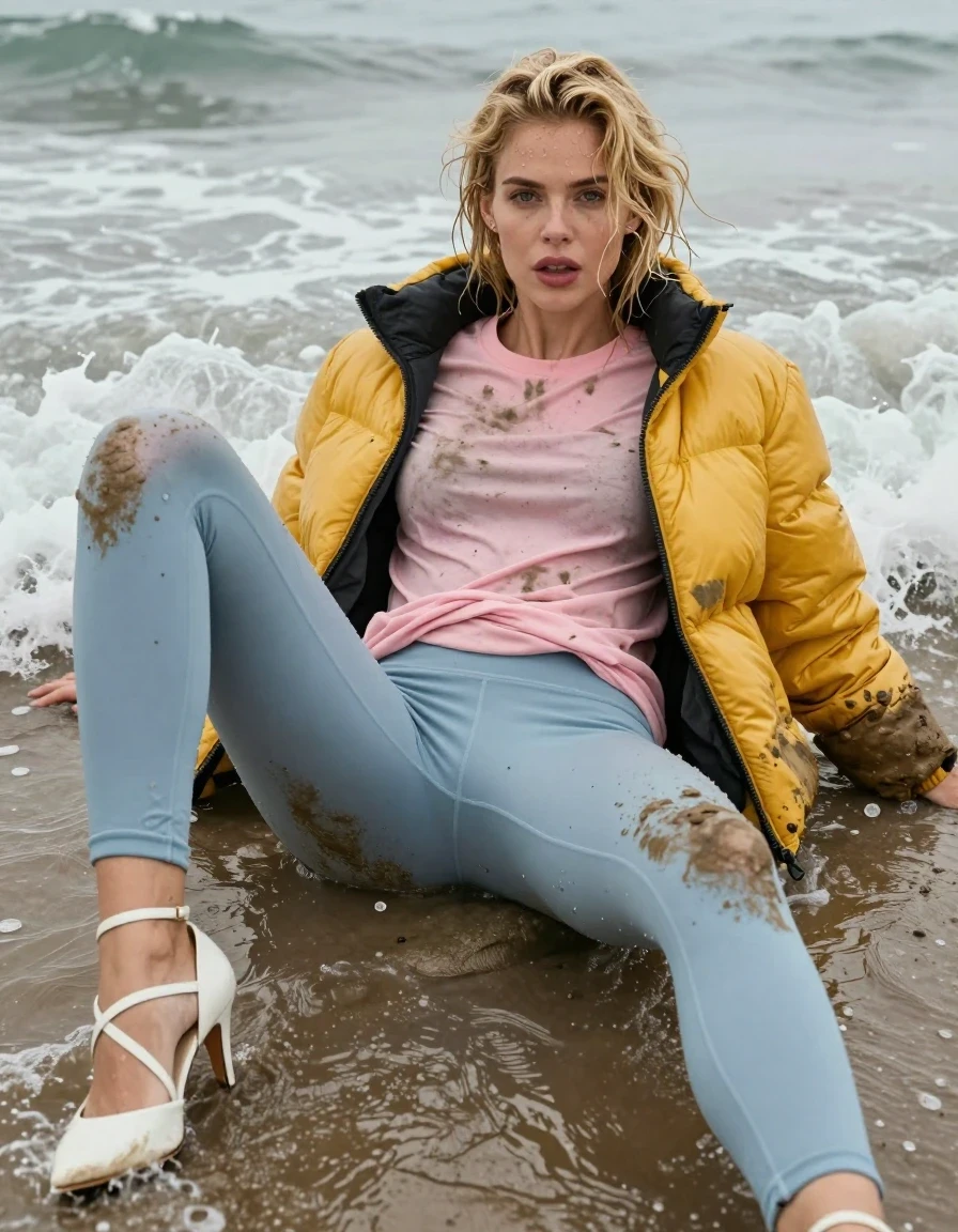 photo of young woman, in soaking wet, drenched clothes,
 white strappy stilettos , Dirty pale blue leggings , Very muddy yellow puffer jacket , dirty pink t-shirt , Lying in surf, legs apart, wet, 
enjoying, wet clothes stuck to body,
detailed textures of the wet clothes, wet face, wet plastered hair,
wet, drenched, professional, high-quality details, full body view.
sharp focus, ultra-high pixel detail, realistic, high-quality, full colors, incredibly detailed, 4k, 8k, 16k, hyper-realistic, RAW photo, masterpiece, ultra-detailed, professionally color graded, professional photograph, Blonde, soaking wet, wet skin, wet clothes, damp fabric