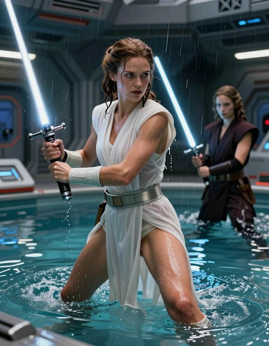 photo of young woman, in soaking wet, drenched clothes,
barefeed, star wars princess lea outfit, big pool at a space station, 
enjoying, wet clothes stuck to body,
detailed textures of the wet clothes, wet face, wet plastered hair,
wet, drenched, professional, high-quality details, full body view.
sharp focus, ultra-high pixel detail, realistic, high-quality, full colors, incredibly detailed, 4k, 8k, 16k, hyper-realistic, RAW photo, masterpiece, ultra-detailed, professionally color graded, professional photograph, a young nordic girl wears a princess leia style white outfit an princess leia hair style. the girl stands in a shallow since fiction pool. she fights with her star wars style light sabre aganst an other jedi girl standing in the pool and holding an light sabre too. Her dresses are completly drenched. she wears no bra. her breasts are visible through the seethrough Dress. Water runs down her hair and her dress into the pool. water rains down from the ceiling on the girls and the pool., wet skin, wet clothes, damp fabric, wet skin, wet clothes, damp fabric