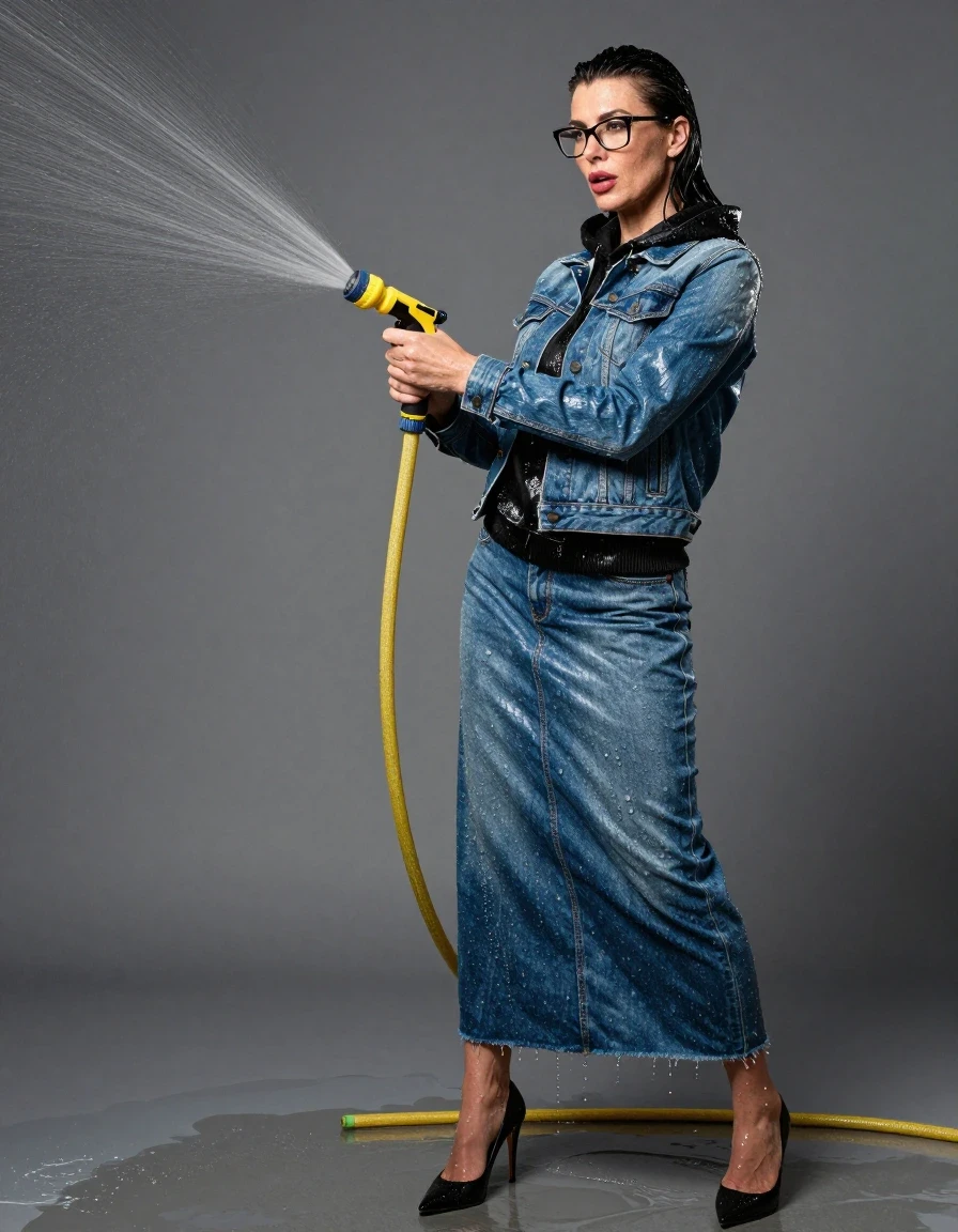 photo of young woman, in soaking wet, drenched clothes,
high-heeled shoes, shiny blue denim maxi skirt, shiny black hoodie, shiny blue maxi denim jacket, spraying each other with the hose, enjoying wet clothes stuck body, enjoying, wet clothes stuck to body, 
enjoying, wet clothes stuck to body,
detailed textures of the wet clothes, wet face, wet plastered hair,
wet, drenched, professional, high-quality details, full body view.
sharp focus, ultra-high pixel detail, realistic, high-quality, full colors, incredibly detailed, 4k, 8k, 16k, hyper-realistic, RAW photo, masterpiece, ultra-detailed, professionally color graded, professional photograph, europen brunette skinny woman 50 years old, long dark black hair, office glasses, very big and thick lips, complete body, wet skin, wet clothes, damp fabric, wet skin, wet clothes, damp fabric, wet skin, wet clothes, damp fabric, wet skin, wet clothes, damp fabric, wet skin, wet clothes, damp fabric, wet skin, wet clothes, damp fabric, wet skin, wet clothes, damp fabric