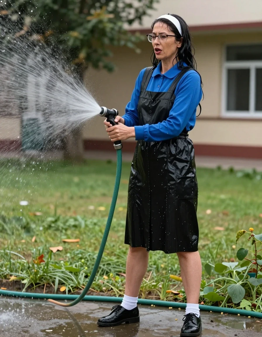 photo of young woman, in soaking wet, drenched clothes,
black shoes, white socks, long School black pinafore to wear over a blue long-sleeved shirt, long School black pinafore to wear over a blue long-sleeved shirt, spraying each other with the hose in the schoolyard, enjoying wet clothes stuck body, enjoying, wet clothes stuck to body, 
enjoying, wet clothes stuck to body,
detailed textures of the wet clothes, wet face, wet plastered hair,
wet, drenched, professional, high-quality details, full body view.
sharp focus, ultra-high pixel detail, realistic, high-quality, full colors, incredibly detailed, 4k, 8k, 16k, hyper-realistic, RAW photo, masterpiece, ultra-detailed, professionally color graded, professional photograph, europen brunette skinny woman 50 years old, long dark black hair,white headband, office glasses, very big and thick lips, complete body, wet skin, wet clothes, damp fabric, wet skin, wet clothes, damp fabric, wet skin, wet clothes, damp fabric, wet skin, wet clothes, damp fabric, wet skin, wet clothes, damp fabric, wet skin, wet clothes, damp fabric, wet skin, wet clothes, damp fabric