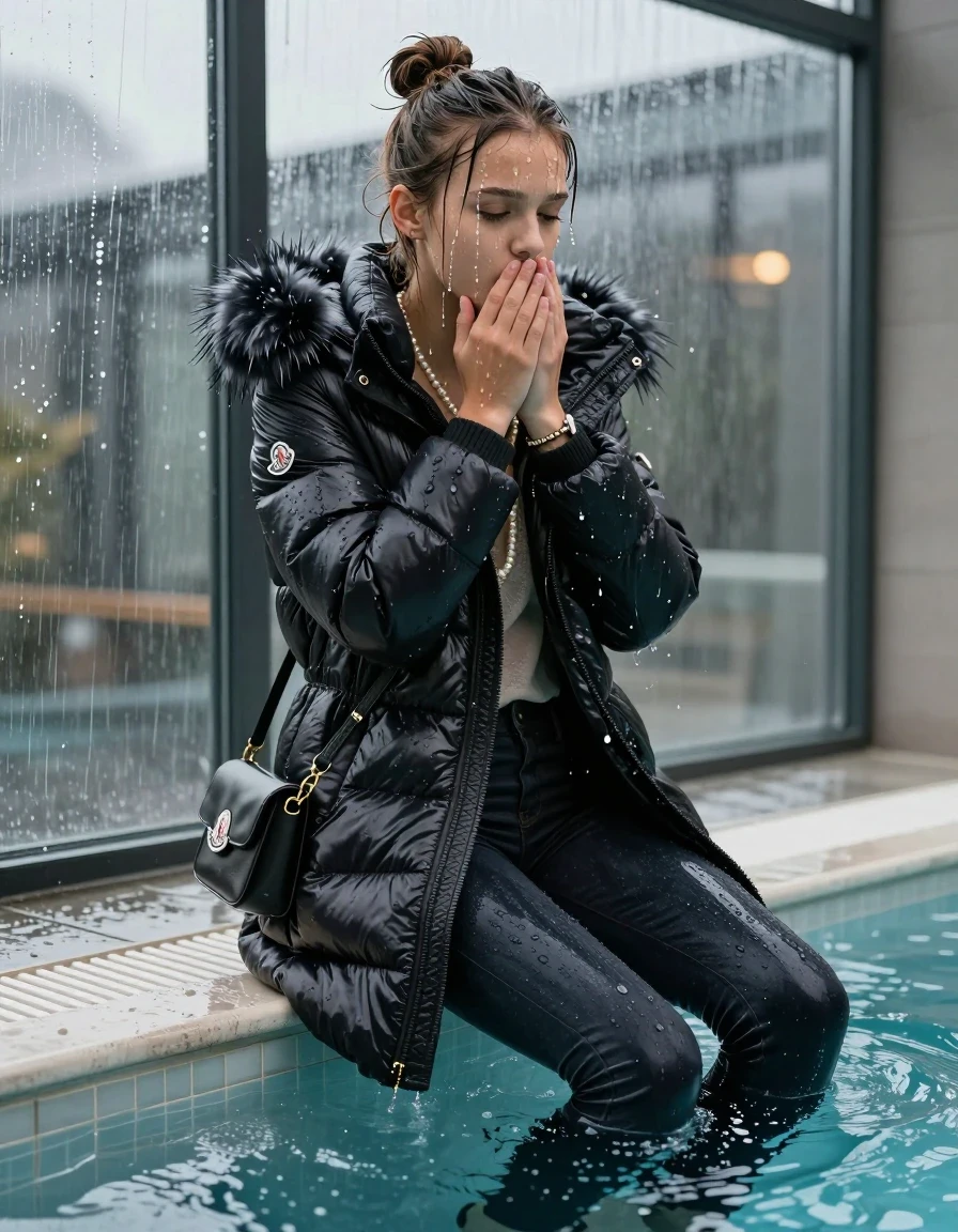photo of young woman, in soaking wet, drenched clothes,
black heels, Dark skinny jeans, moncler long shiny puffer down coat with fur, Open jacket, tight v-neck sweater, shoulderbag, pearl necklace, bracelet, wristwatch, Steaming indoor jacuzzi , 
enjoying, wet clothes stuck to body,
detailed textures of the wet clothes, wet face, wet plastered hair,
wet, drenched, professional, high-quality details, full body view.
sharp focus, ultra-high pixel detail, realistic, high-quality, full colors, incredibly detailed, 4k, 8k, 16k, hyper-realistic, RAW photo, masterpiece, ultra-detailed, professionally color graded, professional photograph, A realistic vertical fashion photograph of a 15-year-old teenage girl slides back from the edge into the water of a glass-walled outdoor swimming pool, facing up to show her back. She is tilting her head at camera, letting the water drench her hair so it is glued flat against her head and body. She has half-up hair with a topknot, completely saturated and dripping wet hair, with water cascading down her face and neck. Afraid and astonished expression. She hold her hands over her mouth. half closed eyes eyes. The lighting is bright and cinematic, highlighting the glistening water droplets on her skin and the saturated texture of her  casual clothes. Outside the large glass wall of the pool building, heavy rain is visible falling against the window. Soft, moody indoor lighting with reflections on the water. High-quality fashion photography style.
her clothing is soaking wet and clinging tightly to her skin, showing heavy wet folds, darkened fabric texture, and deep water-saturated Patches, her clothes are heavy from the water, water runs from her body and her clothes in streams. A lot of water also runs out of her clothes. Her clothes are darkened by the water. 
hyper-realistic wetness, high-contrast water sheen, sharp focus, 16k resolution, professional photography, realistic water physics., wet skin, wet clothes, damp fabric, wet skin, wet clothes, damp fabric, wet skin, wet clothes, damp fabric, wet skin, wet clothes, damp fabric, wet skin, wet clothes, damp fabric, wet skin, wet clothes, damp fabric, wet skin, wet clothes, damp fabric, wet skin, wet clothes, damp fabric, wet skin, wet clothes, damp fabric, wet skin, wet clothes, damp fabric, wet skin, wet clothes, damp fabric, wet skin, wet clothes, damp fabric, wet skin, wet clothes, damp fabric, wet skin, wet clothes, damp fabric, wet skin, wet clothes, damp fabric, wet skin, wet clothes, damp fabric, wet skin, wet clothes, damp fabric, wet skin, wet clothes, damp fabric