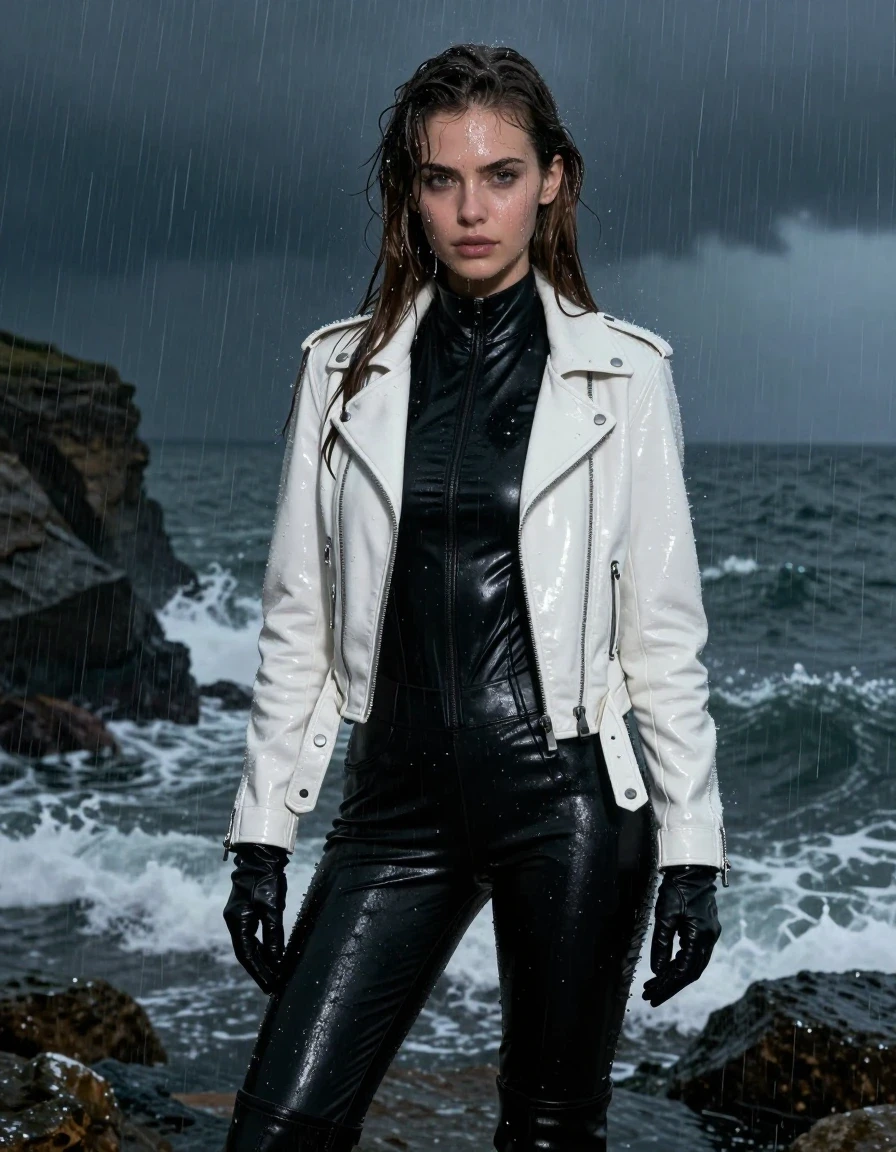 A stunning young adult European woman with long, dripping wet brown hair, standing at a coastal cliff during a dark, stormy night with heavy rain. Her skin is glistening and drenched, with water streaming down her face and shoulders. She is wearing a form-fitting black leather polar neck catsuit that is soaked and clinging to her body, paired with black leather pants and black leather knee-high boots. Over the catsuit, she wears a white biker leather jacket that is saturated with rainwater, showing heavy folds and a glossy sheen. She wears matching black leather gloves on both hands. The fabric of the leather garments is dark, heavy, and slick with moisture, reflecting the dim ambient light from the environment. The atmosphere is moody and cinematic, featuring intense rain, dark ocean waves crashing against the rocks below, and high-contrast night lighting that highlights the wet textures of her skin and clothing. Photorealistic, 8k, highly detailed, sharp focus on water textures, no nudity, fully clothed.
