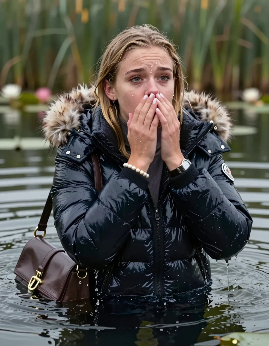photo of young woman, in soaking wet, drenched clothes,
, , Moncler shiny puffer down jacket with fur, open jacket,  tight turtleneck sweater belly free, shoulderbag, pearl necklace, bracelet, wristwatch, Swimming and sinking deep into the water after diving in a lake with water lilies and reeds, 
enjoying, wet clothes stuck to body,
detailed textures of the wet clothes, wet face, wet plastered hair,
wet, drenched, professional, high-quality details, full body view.
sharp focus, ultra-high pixel detail, realistic, high-quality, full colors, incredibly detailed, 4k, 8k, 16k, hyper-realistic, RAW photo, masterpiece, ultra-detailed, professionally color graded, professional photograph, blonde Sleek long straight hair 

15 years old  teenage girl

Looking up at camera, Whole body and shoulders are submerged under the surface. horny eyes. Make-up.

she is completely underwater up to her neck,  crying and astonished expression. 

Leaning back. Hands over mouth and nose. 

her submerged clothes are hardly vusible under water, she soaked her handbag into the water
she is completely underwater up to her neck, afraid and astonished expression. 

her clothing is soaking wet and clinging tightly to her skin, showing heavy wet folds, darkened fabric texture, and deep water-saturated Patches, her clothes are heavy from the water, water runs from her body and her clothes in streams. A lot of water also runs out of her clothes. Her clothes are darkened by the water. Her submerged clothes are good visible under the water.  she soaked her handbag into the water.

close up view, wet skin, wet clothes, wet hair, damp fabric, water runs down the clothes, wet skin, wet clothes, damp fabric. cinematic medium shot, hyper-realistic wetness, high-contrast water sheen, sharp focus, 16k resolution, professional photography, realistic water physics., wet skin, wet clothes, damp fabric, wet skin, wet clothes, damp fabric, wet skin, wet clothes, damp fabric, wet skin, wet clothes, damp fabric, wet skin, wet clothes, damp fabric