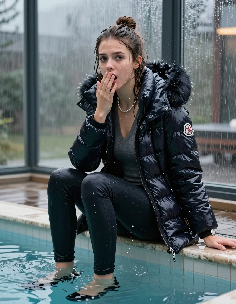 photo of young woman, in soaking wet, drenched clothes,
black heels, Dark skinny jeans, moncler long shiny puffer down coat with fur, Open jacket, tight v-neck sweater, shoulderbag, pearl necklace, bracelet, wristwatch, Steaming indoor jacuzzi , 
enjoying, wet clothes stuck to body,
detailed textures of the wet clothes, wet face, wet plastered hair,
wet, drenched, professional, high-quality details, full body view.
sharp focus, ultra-high pixel detail, realistic, high-quality, full colors, incredibly detailed, 4k, 8k, 16k, hyper-realistic, RAW photo, masterpiece, ultra-detailed, professionally color graded, professional photograph, A realistic vertical fashion photograph of a 15-year-old teenage girl sitting in a glass-walled outdoor swimming pool, facing to the camera to show her back. She is tilting her head at camera, letting the water drench her hair so it is glued flat against her head and body. She has half-up hair with a topknot, completely saturated and dripping wet hair, with water cascading down her face and neck. Afraid and astonished expression. She hold a hand over her mouth. open mouth, big eyes. The lighting is bright and cinematic, highlighting the glistening water droplets on her skin and the saturated texture of her  casual clothes. Outside the large glass wall of the pool building, heavy rain is visible falling against the window. Soft, moody indoor lighting with reflections on the water. High-quality fashion photography style.
her clothing is soaking wet and clinging tightly to her skin, showing heavy wet folds, darkened fabric texture, and deep water-saturated Patches, her clothes are heavy from the water, water runs from her body and her clothes in streams. A lot of water also runs out of her clothes. Her clothes are darkened by the water. 
hyper-realistic wetness, high-contrast water sheen, sharp focus, 16k resolution, professional photography, realistic water physics., wet skin, wet clothes, damp fabric, wet skin, wet clothes, damp fabric, wet skin, wet clothes, damp fabric, wet skin, wet clothes, damp fabric, wet skin, wet clothes, damp fabric, wet skin, wet clothes, damp fabric, wet skin, wet clothes, damp fabric, wet skin, wet clothes, damp fabric, wet skin, wet clothes, damp fabric, wet skin, wet clothes, damp fabric, wet skin, wet clothes, damp fabric, wet skin, wet clothes, damp fabric, wet skin, wet clothes, damp fabric, wet skin, wet clothes, damp fabric, wet skin, wet clothes, damp fabric, wet skin, wet clothes, damp fabric, wet skin, wet clothes, damp fabric, wet skin, wet clothes, damp fabric