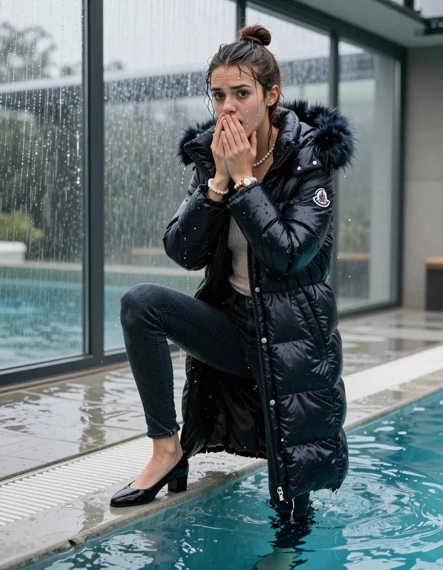 photo of young woman, in soaking wet, drenched clothes,
black heels, Dark skinny jeans, moncler long shiny puffer down coat with fur, Open jacket, tight v-neck sweater, shoulderbag, pearl necklace, bracelet, wristwatch, Steaming indoor jacuzzi , 
enjoying, wet clothes stuck to body,
detailed textures of the wet clothes, wet face, wet plastered hair,
wet, drenched, professional, high-quality details, full body view.
sharp focus, ultra-high pixel detail, realistic, high-quality, full colors, incredibly detailed, 4k, 8k, 16k, hyper-realistic, RAW photo, masterpiece, ultra-detailed, professionally color graded, professional photograph, A realistic vertical fashion photograph of a 15-year-old teenage girl slides back from the edge into the water of a glass-walled outdoor swimming pool, facing to the camera to show her back. She is tilting her head at camera, letting the water drench her hair so it is glued flat against her head and body. She has half-up hair with a topknot, completely saturated and dripping wet hair, with water cascading down her face and neck. Afraid and astonished expression. She hold her hands over her mouth. big eyes. The lighting is bright and cinematic, highlighting the glistening water droplets on her skin and the saturated texture of her  casual clothes. Outside the large glass wall of the pool building, heavy rain is visible falling against the window. Soft, moody indoor lighting with reflections on the water. High-quality fashion photography style.
her clothing is soaking wet and clinging tightly to her skin, showing heavy wet folds, darkened fabric texture, and deep water-saturated Patches, her clothes are heavy from the water, water runs from her body and her clothes in streams. A lot of water also runs out of her clothes. Her clothes are darkened by the water. 
hyper-realistic wetness, high-contrast water sheen, sharp focus, 16k resolution, professional photography, realistic water physics., wet skin, wet clothes, damp fabric, wet skin, wet clothes, damp fabric, wet skin, wet clothes, damp fabric, wet skin, wet clothes, damp fabric, wet skin, wet clothes, damp fabric, wet skin, wet clothes, damp fabric, wet skin, wet clothes, damp fabric, wet skin, wet clothes, damp fabric, wet skin, wet clothes, damp fabric, wet skin, wet clothes, damp fabric, wet skin, wet clothes, damp fabric, wet skin, wet clothes, damp fabric, wet skin, wet clothes, damp fabric, wet skin, wet clothes, damp fabric, wet skin, wet clothes, damp fabric, wet skin, wet clothes, damp fabric, wet skin, wet clothes, damp fabric, wet skin, wet clothes, damp fabric