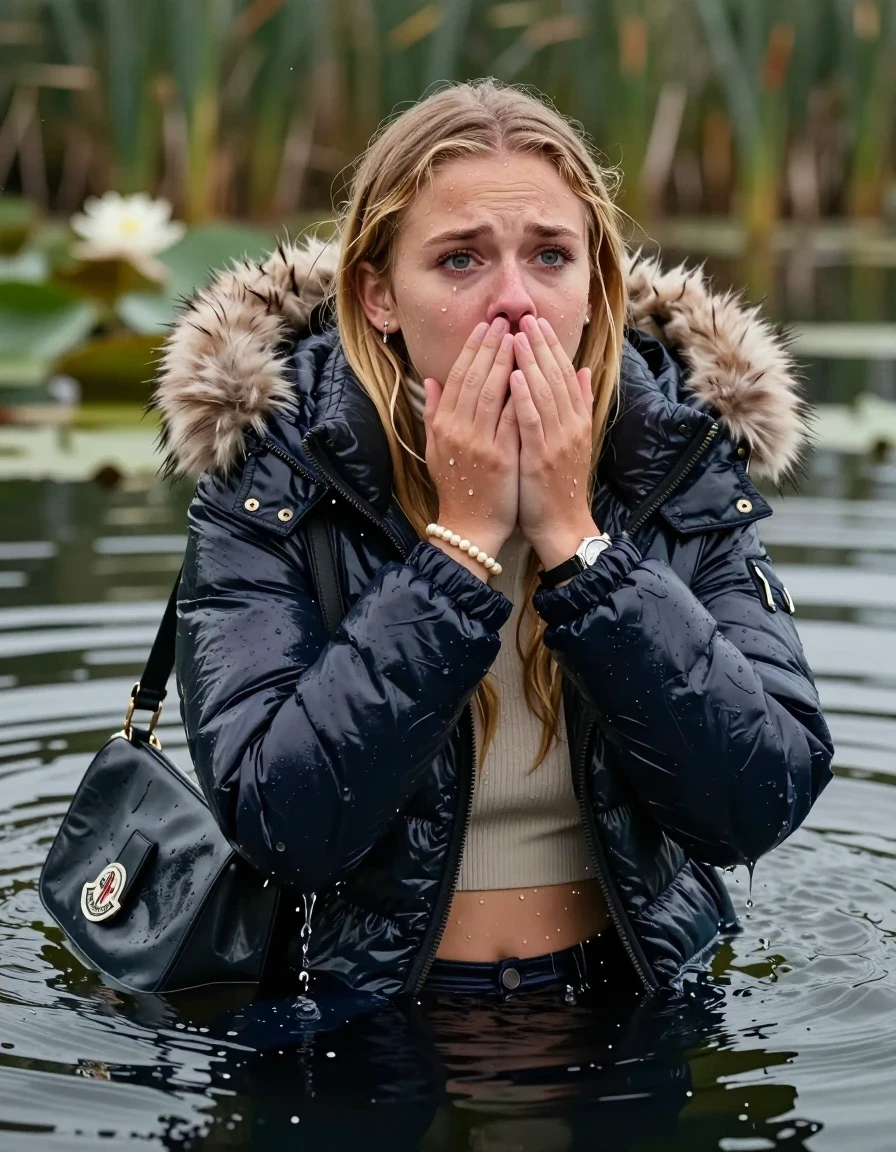photo of young woman, in soaking wet, drenched clothes,
, , Moncler shiny puffer down jacket with fur, open jacket,  tight turtleneck sweater belly free, shoulderbag, pearl necklace, bracelet, wristwatch, Swimming and sinking deep into the water after diving in a lake with water lilies and reeds, 
enjoying, wet clothes stuck to body,
detailed textures of the wet clothes, wet face, wet plastered hair,
wet, drenched, professional, high-quality details, full body view.
sharp focus, ultra-high pixel detail, realistic, high-quality, full colors, incredibly detailed, 4k, 8k, 16k, hyper-realistic, RAW photo, masterpiece, ultra-detailed, professionally color graded, professional photograph, blonde Sleek long straight hair 

15 years old  teenage girl

Looking up at camera, Whole body and shoulders are submerged under the surface. horny eyes.

she is completely underwater up to her neck,  crying and astonished expression. 

Leaning back. Hands over mouth and nose. 

her submerged clothes are hardly vusible under water, she soaked her handbag into the water
she is completely underwater up to her neck, afraid and astonished expression. 

her clothing is soaking wet and clinging tightly to her skin, showing heavy wet folds, darkened fabric texture, and deep water-saturated Patches, her clothes are heavy from the water, water runs from her body and her clothes in streams. A lot of water also runs out of her clothes. Her clothes are darkened by the water. Her submerged clothes are good visible under the water.  she soaked her handbag into the water.

close up view, wet skin, wet clothes, wet hair, damp fabric, water runs down the clothes, wet skin, wet clothes, damp fabric. cinematic medium shot, hyper-realistic wetness, high-contrast water sheen, sharp focus, 16k resolution, professional photography, realistic water physics., wet skin, wet clothes, damp fabric, wet skin, wet clothes, damp fabric, wet skin, wet clothes, damp fabric, wet skin, wet clothes, damp fabric, wet skin, wet clothes, damp fabric