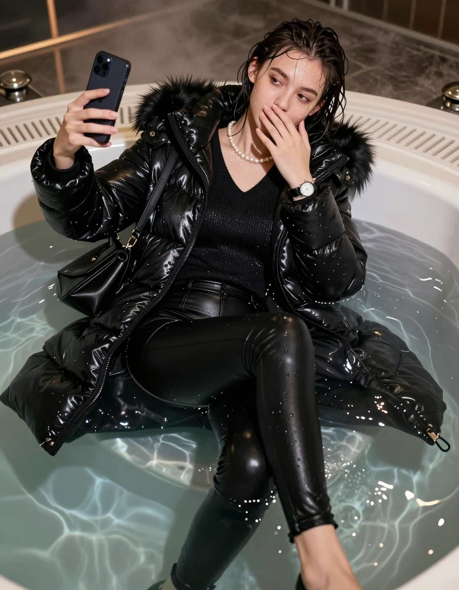 photo of young woman, in soaking wet, drenched clothes,
black heels, Tight black leatherleggings, black moncler long shiny puffer down coat with fur, Open jacket, tight v-neck sweater, shoulderbag, pearl necklace, bracelet, wristwatch, Steaming indoor jacuzzi at night, warm lightning, 
enjoying, wet clothes stuck to body,
detailed textures of the wet clothes, wet face, wet plastered hair,
wet, drenched, professional, high-quality details, full body view.
sharp focus, ultra-high pixel detail, realistic, high-quality, full colors, incredibly detailed, 4k, 8k, 16k, hyper-realistic, RAW photo, masterpiece, ultra-detailed, professionally color graded, professional photograph, A realistic vertical fashion photograph of a 15-year-old teenage girl lying half submerged into the water of a steaming indoor jacuzzi, facing away to show her back. She is tilting her head at camera, letting the water drench her hair so it is glued flat against her head and body. She has a collarbone bob, completely saturated and dripping wet hair, with water cascading down her face and neck. relaxed expression. She hold a hand over her mouth and nose and take a selfie with her smartphone. open mouth, half closed eyes eyes. The lighting is bright and cinematic, highlighting the glistening water droplets on her skin and the saturated texture of her  casual clothes. Soft, moody indoor lighting with reflections on the water. High-quality fashion photography style.
her clothing is soaking wet and clinging tightly to her skin, showing heavy wet folds, darkened fabric texture, and deep water-saturated Patches, her clothes are heavy from the water, water runs from her body and her clothes in streams. A lot of water also runs out of her clothes. Her clothes are darkened by the water. 
hyper-realistic wetness, high-contrast water sheen, sharp focus, 16k resolution, professional photography, realistic water physics., wet skin, wet clothes, damp fabric, wet skin, wet clothes, damp fabric, wet skin, wet clothes, damp fabric, wet skin, wet clothes, damp fabric, wet skin, wet clothes, damp fabric, wet skin, wet clothes, damp fabric, wet skin, wet clothes, damp fabric, wet skin, wet clothes, damp fabric, wet skin, wet clothes, damp fabric, wet skin, wet clothes, damp fabric, wet skin, wet clothes, damp fabric, wet skin, wet clothes, damp fabric, wet skin, wet clothes, damp fabric, wet skin, wet clothes, damp fabric, wet skin, wet clothes, damp fabric, wet skin, wet clothes, damp fabric, wet skin, wet clothes, damp fabric, wet skin, wet clothes, damp fabric