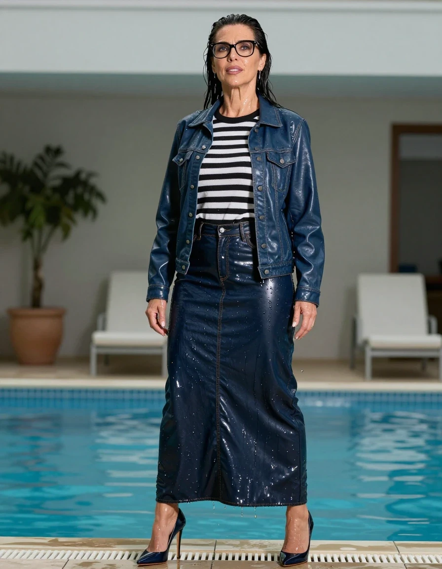 photo of young woman, in soaking wet, drenched clothes,
high-heeled shoes, shiny dark blue leather denim maxi skirt, shiny black & wihite striped sweater, maxi shiny dark blue leather denim jacket, after swim in pool, enjoying wet clothes stuck body, enjoying, wet clothes stuck to body, 
enjoying, wet clothes stuck to body,
detailed textures of the wet clothes, wet face, wet plastered hair,
wet, drenched, professional, high-quality details, full body view.
sharp focus, ultra-high pixel detail, realistic, high-quality, full colors, incredibly detailed, 4k, 8k, 16k, hyper-realistic, RAW photo, masterpiece, ultra-detailed, professionally color graded, professional photograph, europen brunette skinny woman 50 years old, long dark black hair, office glasses, very big and thick lips, complete body, wet skin, wet clothes, damp fabric, wet skin, wet clothes, damp fabric, wet skin, wet clothes, damp fabric, wet skin, wet clothes, damp fabric, wet skin, wet clothes, damp fabric, wet skin, wet clothes, damp fabric, wet skin, wet clothes, damp fabric