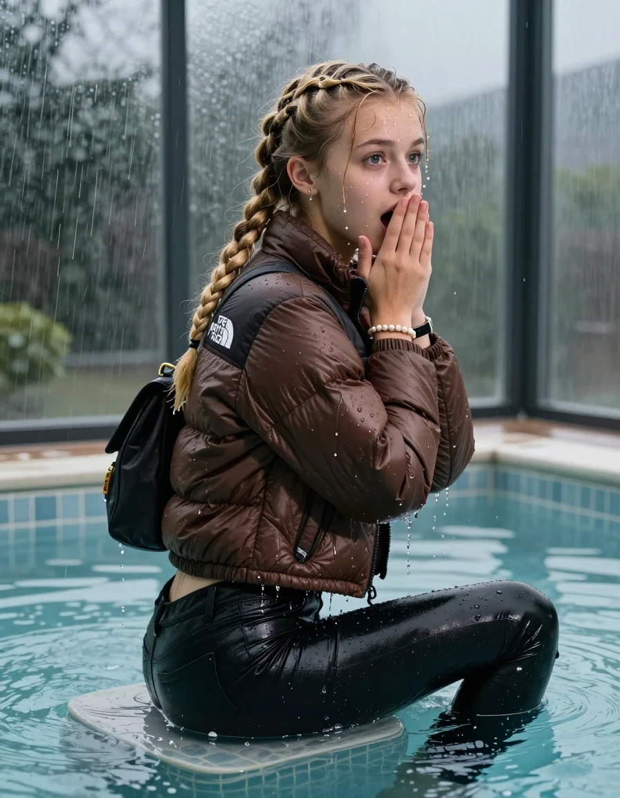 photo of young woman, in soaking wet, drenched clothes,
, Dark skinny jeans, brown north face puffer down jacket, Open jacket, tight v-neck sweater, shoulderbag, pearl necklace, bracelet, wristwatch, Orgasm in Steaming indoor jacuzzi , 
enjoying, wet clothes stuck to body,
detailed textures of the wet clothes, wet face, wet plastered hair,
wet, drenched, professional, high-quality details, full body view.
sharp focus, ultra-high pixel detail, realistic, high-quality, full colors, incredibly detailed, 4k, 8k, 16k, hyper-realistic, RAW photo, masterpiece, ultra-detailed, professionally color graded, professional photograph, A realistic vertical fashion photograph taken from a backward, behind-the-back angle of a 15-year-old teenage girl sitting  in a glass-walled outdoor swimming pool, facing to the camera to show her back. She is tilting her head at camera, letting the water drench her hair so it is glued flat against her head and body. She has two blonde long braids , completely saturated and dripping wet hair, with water cascading down her face and neck. Afraid and astonished expression. cover her mouth with her hands. open mouth, big eyes. The lighting is bright and cinematic, highlighting the glistening water droplets on her skin and the saturated texture of her  casual clothes. Outside the large glass wall of the pool building, heavy rain is visible falling against the window. Soft, moody indoor lighting with reflections on the water. High-quality fashion photography style.
her clothing is soaking wet and clinging tightly to her skin, showing heavy wet folds, darkened fabric texture, and deep water-saturated Patches, her clothes are heavy from the water, water runs from her body and her clothes in streams. A lot of water also runs out of her clothes. Her clothes are darkened by the water. 
hyper-realistic wetness, high-contrast water sheen, sharp focus, 16k resolution, professional photography, realistic water physics., wet skin, wet clothes, damp fabric, wet skin, wet clothes, damp fabric, wet skin, wet clothes, damp fabric, wet skin, wet clothes, damp fabric, wet skin, wet clothes, damp fabric, wet skin, wet clothes, damp fabric, wet skin, wet clothes, damp fabric, wet skin, wet clothes, damp fabric, wet skin, wet clothes, damp fabric, wet skin, wet clothes, damp fabric, wet skin, wet clothes, damp fabric, wet skin, wet clothes, damp fabric, wet skin, wet clothes, damp fabric, wet skin, wet clothes, damp fabric, wet skin, wet clothes, damp fabric, wet skin, wet clothes, damp fabric, wet skin, wet clothes, damp fabric, wet skin, wet clothes, damp fabric