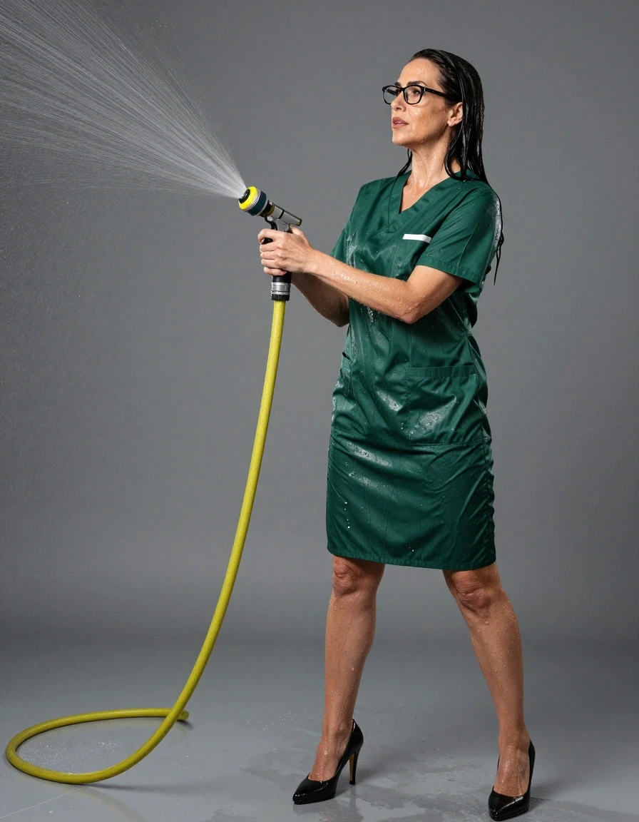 photo of young woman, in soaking wet, drenched clothes,
high-heeled shoes, shiny green scrubs dress, shiny green scrubs dress, spraying each other with the hose, enjoying wet clothes stuck body, enjoying, wet clothes stuck to body, 
enjoying, wet clothes stuck to body,
detailed textures of the wet clothes, wet face, wet plastered hair,
wet, drenched, professional, high-quality details, full body view.
sharp focus, ultra-high pixel detail, realistic, high-quality, full colors, incredibly detailed, 4k, 8k, 16k, hyper-realistic, RAW photo, masterpiece, ultra-detailed, professionally color graded, professional photograph, europen brunette skinny woman 50 years old, long dark black hair, office glasses, very big and thick lips, complete body, wet skin, wet clothes, damp fabric, wet skin, wet clothes, damp fabric, wet skin, wet clothes, damp fabric, wet skin, wet clothes, damp fabric, wet skin, wet clothes, damp fabric, wet skin, wet clothes, damp fabric, wet skin, wet clothes, damp fabric