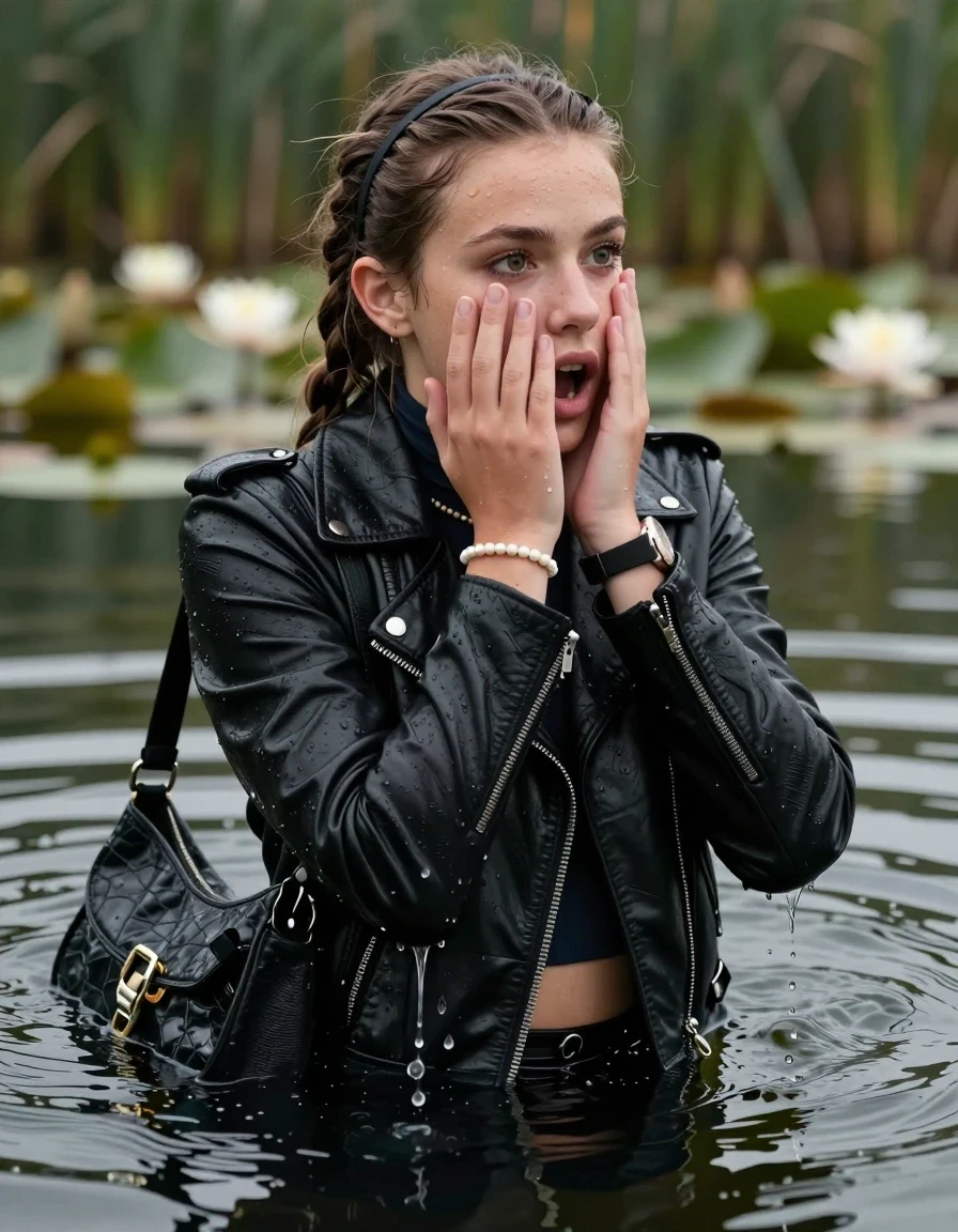 photo of young woman, in soaking wet, drenched clothes,
, , black biker leatherjacket,  closed jacket, tight knit turtleneck sweater belly free, shoulderbag, pearl necklace, bracelet, wristwatch, Swimming and sinking deep into the water after diving in a lake with water lilies and reeds, 
enjoying, wet clothes stuck to body,
detailed textures of the wet clothes, wet face, wet plastered hair,
wet, drenched, professional, high-quality details, full body view.
sharp focus, ultra-high pixel detail, realistic, high-quality, full colors, incredibly detailed, 4k, 8k, 16k, hyper-realistic, RAW photo, masterpiece, ultra-detailed, professionally color graded, professional photograph, braided hair, hairband

15 years old  teenage girl

Looking away, Whole body and shoulders are submerged under the surface. open mouth, big eyes. Make-up.

she is completely underwater up to her neck.

hands cover whole face.

her submerged clothes are hardly vusible under water, she soaked her handbag into the water
she is completely underwater up to her neck, astonished expression. 

her clothing is soaking wet and clinging tightly to her skin, showing heavy wet folds, darkened fabric texture, and deep water-saturated Patches, her clothes are heavy from the water, water runs from her body and her clothes in streams. A lot of water also runs out of her clothes. Her clothes are darkened by the water. Her submerged clothes are good visible under the water.  she soaked her handbag into the water.

close up view, wet skin, wet clothes, wet hair, damp fabric, water runs down the clothes, wet skin, wet clothes, damp fabric. cinematic medium shot, hyper-realistic wetness, high-contrast water sheen, sharp focus, 16k resolution, professional photography, realistic water physics., wet skin, wet clothes, damp fabric, wet skin, wet clothes, damp fabric, wet skin, wet clothes, damp fabric, wet skin, wet clothes, damp fabric, wet skin, wet clothes, damp fabric