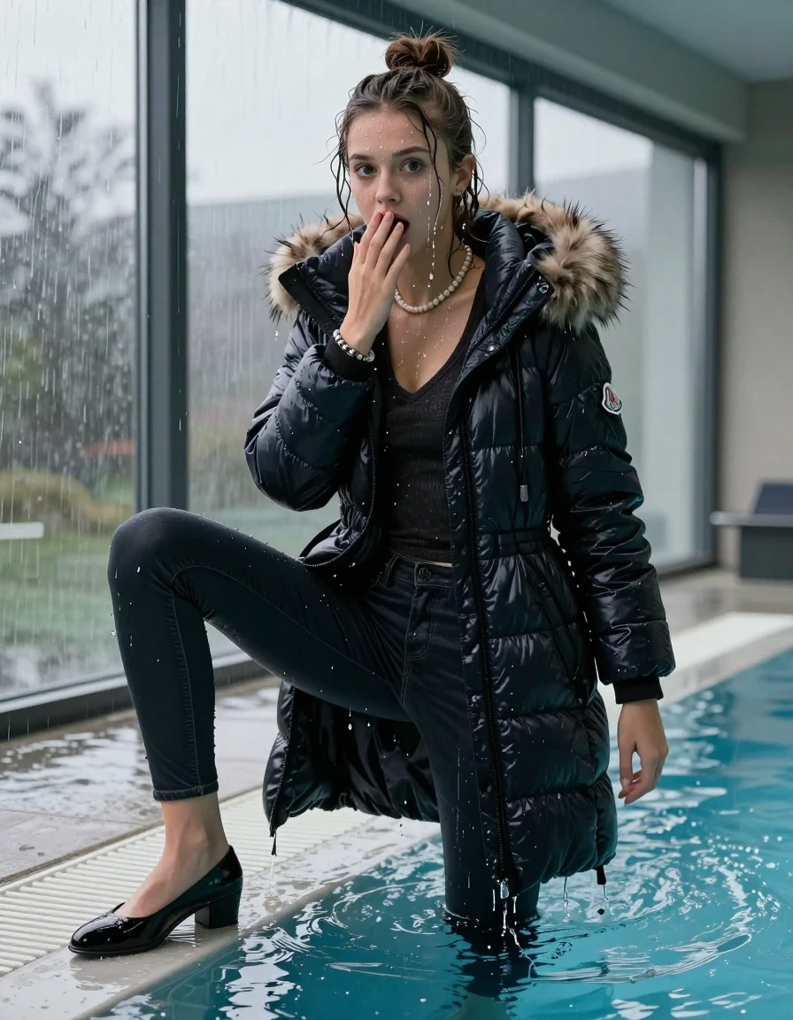 photo of young woman, in soaking wet, drenched clothes,
black heels, Dark skinny jeans, moncler long shiny puffer down coat with fur, Open jacket, tight v-neck sweater, shoulderbag, pearl necklace, bracelet, wristwatch, Steaming indoor jacuzzi , 
enjoying, wet clothes stuck to body,
detailed textures of the wet clothes, wet face, wet plastered hair,
wet, drenched, professional, high-quality details, full body view.
sharp focus, ultra-high pixel detail, realistic, high-quality, full colors, incredibly detailed, 4k, 8k, 16k, hyper-realistic, RAW photo, masterpiece, ultra-detailed, professionally color graded, professional photograph, A realistic vertical fashion photograph of a 15-year-old teenage girl slides back from the edge into the water of a glass-walled outdoor swimming pool, facing to the camera to show her back. She is tilting her head at camera, letting the water drench her hair so it is glued flat against her head and body. She has half-up hair with a topknot, completely saturated and dripping wet hair, with water cascading down her face and neck. Afraid and astonished expression. She hold a hand over her mouth. open mouth, big eyes. The lighting is bright and cinematic, highlighting the glistening water droplets on her skin and the saturated texture of her  casual clothes. Outside the large glass wall of the pool building, heavy rain is visible falling against the window. Soft, moody indoor lighting with reflections on the water. High-quality fashion photography style.
her clothing is soaking wet and clinging tightly to her skin, showing heavy wet folds, darkened fabric texture, and deep water-saturated Patches, her clothes are heavy from the water, water runs from her body and her clothes in streams. A lot of water also runs out of her clothes. Her clothes are darkened by the water. 
hyper-realistic wetness, high-contrast water sheen, sharp focus, 16k resolution, professional photography, realistic water physics., wet skin, wet clothes, damp fabric, wet skin, wet clothes, damp fabric, wet skin, wet clothes, damp fabric, wet skin, wet clothes, damp fabric, wet skin, wet clothes, damp fabric, wet skin, wet clothes, damp fabric, wet skin, wet clothes, damp fabric, wet skin, wet clothes, damp fabric, wet skin, wet clothes, damp fabric, wet skin, wet clothes, damp fabric, wet skin, wet clothes, damp fabric, wet skin, wet clothes, damp fabric, wet skin, wet clothes, damp fabric, wet skin, wet clothes, damp fabric, wet skin, wet clothes, damp fabric, wet skin, wet clothes, damp fabric, wet skin, wet clothes, damp fabric, wet skin, wet clothes, damp fabric