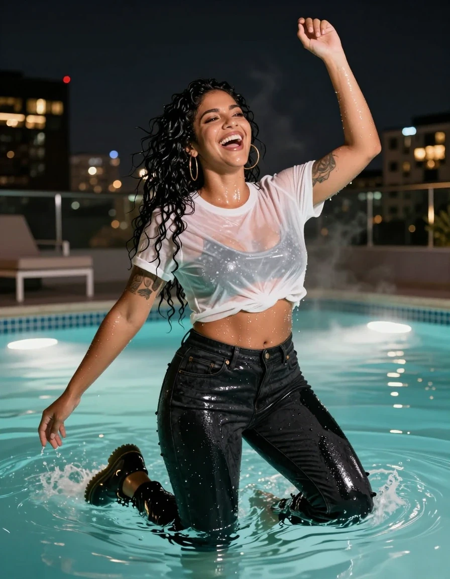 A 26-year-old Mexican-American woman, 5'4", curvy and sturdy, with warm brown skin, dark brown eyes, and a beauty mark above her lip. Her thick curly black hair is soaked flat against her head and shoulders, framing her face with wet, dripping curls. She is wearing a cropped band tee shirt soaked through and clinging to her skin, and high-waisted black jeans, which are soaking-wet black denim, water-saturated heavyweight denim, changed to deep charcoal and black, substantially darker unevenly soaked patches, absorbed water, heavy wet folds, visible weave and stitching, and strong glossy specular reflections on the raised weave, seams, and creases. She wears Doc Martens on her feet, heavy and water-logged. She has a full tattoo sleeve on one arm and large gold hoop earrings. She is floating on her back in a heated rooftop swimming pool at night, laughing with her mouth open and eyes crinkled, one arm raised. Water ripples out from her, illuminated from beneath by a pale aqua glow, with steam rising into the cold night air. The background features a blurry city skyline of lit windows under a dark October sky. Shot from the pool deck at water level, wide-medium framing, with a foreground deck chair and railing slightly out of focus. The mood is joyful, chaotic, and glamorous, emphasizing the contrast between the cold air and warm water, photorealistic, high-contrast lighting, wet texture, skin sheen.