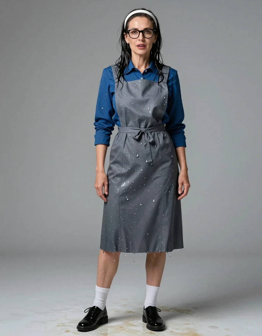 photo of young woman, in soaking wet, drenched clothes,
black shoes, white socks, long School pinafore to wear over a blue long-sleeved shirt, long School pinafore to wear over a blue long-sleeved shirt, enjoying wet clothes stuck body, enjoying, wet clothes stuck to body, 
enjoying, wet clothes stuck to body,
detailed textures of the wet clothes, wet face, wet plastered hair,
wet, drenched, professional, high-quality details, full body view.
sharp focus, ultra-high pixel detail, realistic, high-quality, full colors, incredibly detailed, 4k, 8k, 16k, hyper-realistic, RAW photo, masterpiece, ultra-detailed, professionally color graded, professional photograph, europen brunette skinny woman 50 years old, long dark black hair,white headband, office glasses, very big and thick lips, complete body, wet skin, wet clothes, damp fabric, wet skin, wet clothes, damp fabric, wet skin, wet clothes, damp fabric, wet skin, wet clothes, damp fabric, wet skin, wet clothes, damp fabric, wet skin, wet clothes, damp fabric, wet skin, wet clothes, damp fabric