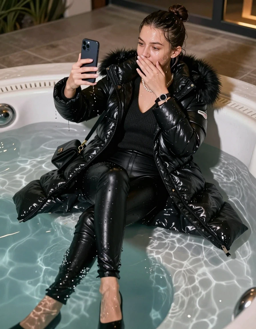 photo of young woman, in soaking wet, drenched clothes,
black heels, Tight black leatherleggings, black moncler long shiny puffer down coat with fur, Open jacket, tight v-neck sweater, shoulderbag, pearl necklace, bracelet, wristwatch, Steaming indoor jacuzzi at night, warm lightning, 
enjoying, wet clothes stuck to body,
detailed textures of the wet clothes, wet face, wet plastered hair,
wet, drenched, professional, high-quality details, full body view.
sharp focus, ultra-high pixel detail, realistic, high-quality, full colors, incredibly detailed, 4k, 8k, 16k, hyper-realistic, RAW photo, masterpiece, ultra-detailed, professionally color graded, professional photograph, A realistic vertical fashion photograph of a 15-year-old teenage girl lying half submerged into the water of a steaming indoor jacuzzi, facing away to show her back. She is tilting her head at camera, letting the water drench her hair so it is glued flat against her head and body. She has a topknot, completely saturated and dripping wet hair, with water cascading down her face and neck. relaxed expression. She hold a hand over her mouth and nose and take a selfie with her smartphone. half closed eyes eyes. The lighting is bright and cinematic, highlighting the glistening water droplets on her skin and the saturated texture of her  casual clothes. Soft, moody indoor lighting with reflections on the water. High-quality fashion photography style.
her clothing is soaking wet and clinging tightly to her skin, showing heavy wet folds, darkened fabric texture, and deep water-saturated Patches, her clothes are heavy from the water, water runs from her body and her clothes in streams. A lot of water also runs out of her clothes. Her clothes are darkened by the water. 
hyper-realistic wetness, high-contrast water sheen, sharp focus, 16k resolution, professional photography, realistic water physics., wet skin, wet clothes, damp fabric, wet skin, wet clothes, damp fabric, wet skin, wet clothes, damp fabric, wet skin, wet clothes, damp fabric, wet skin, wet clothes, damp fabric, wet skin, wet clothes, damp fabric, wet skin, wet clothes, damp fabric, wet skin, wet clothes, damp fabric, wet skin, wet clothes, damp fabric, wet skin, wet clothes, damp fabric, wet skin, wet clothes, damp fabric, wet skin, wet clothes, damp fabric, wet skin, wet clothes, damp fabric, wet skin, wet clothes, damp fabric, wet skin, wet clothes, damp fabric, wet skin, wet clothes, damp fabric, wet skin, wet clothes, damp fabric, wet skin, wet clothes, damp fabric