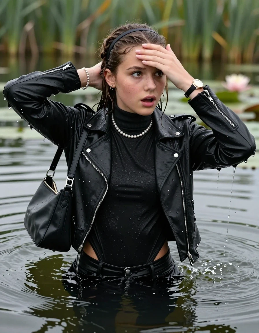 photo of young woman, in soaking wet, drenched clothes,
, , black biker leatherjacket,  tight turtleneck sweater belly free, shoulderbag, pearl necklace, bracelet, wristwatch, Swimming and sinking deep into the water after diving in a lake with water lilies and reeds, 
enjoying, wet clothes stuck to body,
detailed textures of the wet clothes, wet face, wet plastered hair,
wet, drenched, professional, high-quality details, full body view.
sharp focus, ultra-high pixel detail, realistic, high-quality, full colors, incredibly detailed, 4k, 8k, 16k, hyper-realistic, RAW photo, masterpiece, ultra-detailed, professionally color graded, professional photograph, braided hair, hairband

15 years old  teenage girl

Looking away, Whole body and shoulders are submerged under the surface. open mouth, big eyes. Make-up.

she is completely underwater up to her neck.

one hand over her forehead.

her submerged clothes are hardly vusible under water, she soaked her handbag into the water
she is completely underwater up to her neck, astonished expression. 

her clothing is soaking wet and clinging tightly to her skin, showing heavy wet folds, darkened fabric texture, and deep water-saturated Patches, her clothes are heavy from the water, water runs from her body and her clothes in streams. A lot of water also runs out of her clothes. Her clothes are darkened by the water. Her submerged clothes are good visible under the water.  she soaked her handbag into the water.

close up view, wet skin, wet clothes, wet hair, damp fabric, water runs down the clothes, wet skin, wet clothes, damp fabric. cinematic medium shot, hyper-realistic wetness, high-contrast water sheen, sharp focus, 16k resolution, professional photography, realistic water physics., wet skin, wet clothes, damp fabric, wet skin, wet clothes, damp fabric, wet skin, wet clothes, damp fabric, wet skin, wet clothes, damp fabric, wet skin, wet clothes, damp fabric
