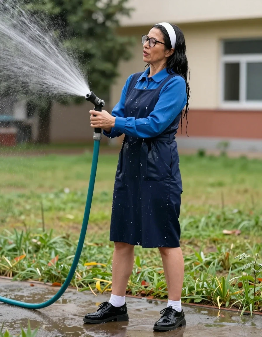photo of young woman, in soaking wet, drenched clothes,
black shoes, white socks, long School blue pinafore to wear over a blue long-sleeved shirt, long School blue pinafore to wear over a blue long-sleeved shirt, spraying each other with the hose in the schoolyard, enjoying wet clothes stuck body, enjoying, wet clothes stuck to body, 
enjoying, wet clothes stuck to body,
detailed textures of the wet clothes, wet face, wet plastered hair,
wet, drenched, professional, high-quality details, full body view.
sharp focus, ultra-high pixel detail, realistic, high-quality, full colors, incredibly detailed, 4k, 8k, 16k, hyper-realistic, RAW photo, masterpiece, ultra-detailed, professionally color graded, professional photograph, europen brunette skinny woman 50 years old, long dark black hair,white headband, office glasses, very big and thick lips, complete body, wet skin, wet clothes, damp fabric, wet skin, wet clothes, damp fabric, wet skin, wet clothes, damp fabric, wet skin, wet clothes, damp fabric, wet skin, wet clothes, damp fabric, wet skin, wet clothes, damp fabric, wet skin, wet clothes, damp fabric