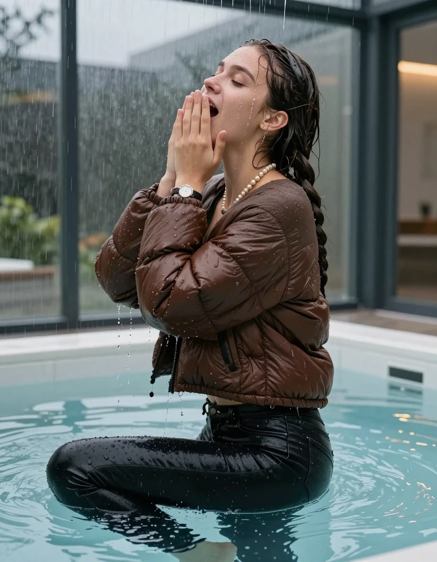 photo of young woman, in soaking wet, drenched clothes,
, Dark skinny jeans, brown north face puffer down jacket, Open jacket, tight v-neck sweater, shoulderbag, pearl necklace, bracelet, wristwatch, Masturbating and Orgasm in Steaming indoor jacuzzi , 
enjoying, wet clothes stuck to body,
detailed textures of the wet clothes, wet face, wet plastered hair,
wet, drenched, professional, high-quality details, full body view.
sharp focus, ultra-high pixel detail, realistic, high-quality, full colors, incredibly detailed, 4k, 8k, 16k, hyper-realistic, RAW photo, masterpiece, ultra-detailed, professionally color graded, professional photograph, A realistic vertical fashion photograph taken from a backward, behind-the-back angle of a 15-year-old teenage girl sitting  in a glass-walled outdoor swimming pool, facing to the camera to show her back. She is tilting her head up at camera, letting the water drench her hair so it is glued flat against her head and body. She has two long braids , completely saturated and dripping wet hair, with water cascading down her face and neck. Horny and astonished expression. cover her mouth with her hands. open mouth, closed eyes. The lighting is bright and cinematic, highlighting the glistening water droplets on her skin and the saturated texture of her  casual clothes. Outside the large glass wall of the pool building, heavy rain is visible falling against the window. Soft, moody indoor lighting with reflections on the water. High-quality fashion photography style.
her clothing is soaking wet and clinging tightly to her skin, showing heavy wet folds, darkened fabric texture, and deep water-saturated Patches, her clothes are heavy from the water, water runs from her body and her clothes in streams. A lot of water also runs out of her clothes. Her clothes are darkened by the water. 
hyper-realistic wetness, high-contrast water sheen, sharp focus, 16k resolution, professional photography, realistic water physics., wet skin, wet clothes, damp fabric, wet skin, wet clothes, damp fabric, wet skin, wet clothes, damp fabric, wet skin, wet clothes, damp fabric, wet skin, wet clothes, damp fabric, wet skin, wet clothes, damp fabric, wet skin, wet clothes, damp fabric, wet skin, wet clothes, damp fabric, wet skin, wet clothes, damp fabric, wet skin, wet clothes, damp fabric, wet skin, wet clothes, damp fabric, wet skin, wet clothes, damp fabric, wet skin, wet clothes, damp fabric, wet skin, wet clothes, damp fabric, wet skin, wet clothes, damp fabric, wet skin, wet clothes, damp fabric, wet skin, wet clothes, damp fabric, wet skin, wet clothes, damp fabric