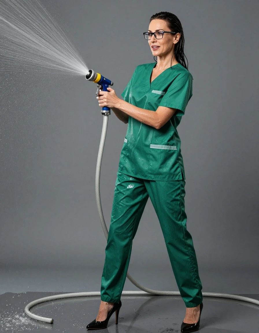 photo of young woman, in soaking wet, drenched clothes,
high-heeled shoes, shiny green scrubs, shiny green scrubs , spraying each other with the hose, enjoying wet clothes stuck body, enjoying, wet clothes stuck to body, 
enjoying, wet clothes stuck to body,
detailed textures of the wet clothes, wet face, wet plastered hair,
wet, drenched, professional, high-quality details, full body view.
sharp focus, ultra-high pixel detail, realistic, high-quality, full colors, incredibly detailed, 4k, 8k, 16k, hyper-realistic, RAW photo, masterpiece, ultra-detailed, professionally color graded, professional photograph, europen brunette skinny woman 50 years old, long dark black hair, office glasses, very big and thick lips, complete body, wet skin, wet clothes, damp fabric, wet skin, wet clothes, damp fabric, wet skin, wet clothes, damp fabric, wet skin, wet clothes, damp fabric, wet skin, wet clothes, damp fabric, wet skin, wet clothes, damp fabric, wet skin, wet clothes, damp fabric