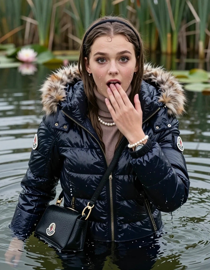 photo of young woman, in soaking wet, drenched clothes,
, , Moncler shiny puffer down jacket with fur, open jacket,  tight turtleneck sweater belly free, shoulderbag, pearl necklace, bracelet, wristwatch, Swimming and sinking deep into the water after diving in a lake with water lilies and reeds, 
enjoying, wet clothes stuck to body,
detailed textures of the wet clothes, wet face, wet plastered hair,
wet, drenched, professional, high-quality details, full body view.
sharp focus, ultra-high pixel detail, realistic, high-quality, full colors, incredibly detailed, 4k, 8k, 16k, hyper-realistic, RAW photo, masterpiece, ultra-detailed, professionally color graded, professional photograph, Sleek long straight hair, hairband

15 years old  teenage girl

Looking up at camera, Whole body and shoulders are submerged under the surface. open mouth, big eyes. Make-up.

she is completely underwater up to her neck.

one hand over her mouth.

her submerged clothes are hardly vusible under water, she soaked her handbag into the water
she is completely underwater up to her neck, astonished expression. 

her clothing is soaking wet and clinging tightly to her skin, showing heavy wet folds, darkened fabric texture, and deep water-saturated Patches, her clothes are heavy from the water, water runs from her body and her clothes in streams. A lot of water also runs out of her clothes. Her clothes are darkened by the water. Her submerged clothes are good visible under the water.  she soaked her handbag into the water.

close up view, wet skin, wet clothes, wet hair, damp fabric, water runs down the clothes, wet skin, wet clothes, damp fabric. cinematic medium shot, hyper-realistic wetness, high-contrast water sheen, sharp focus, 16k resolution, professional photography, realistic water physics., wet skin, wet clothes, damp fabric, wet skin, wet clothes, damp fabric, wet skin, wet clothes, damp fabric, wet skin, wet clothes, damp fabric, wet skin, wet clothes, damp fabric